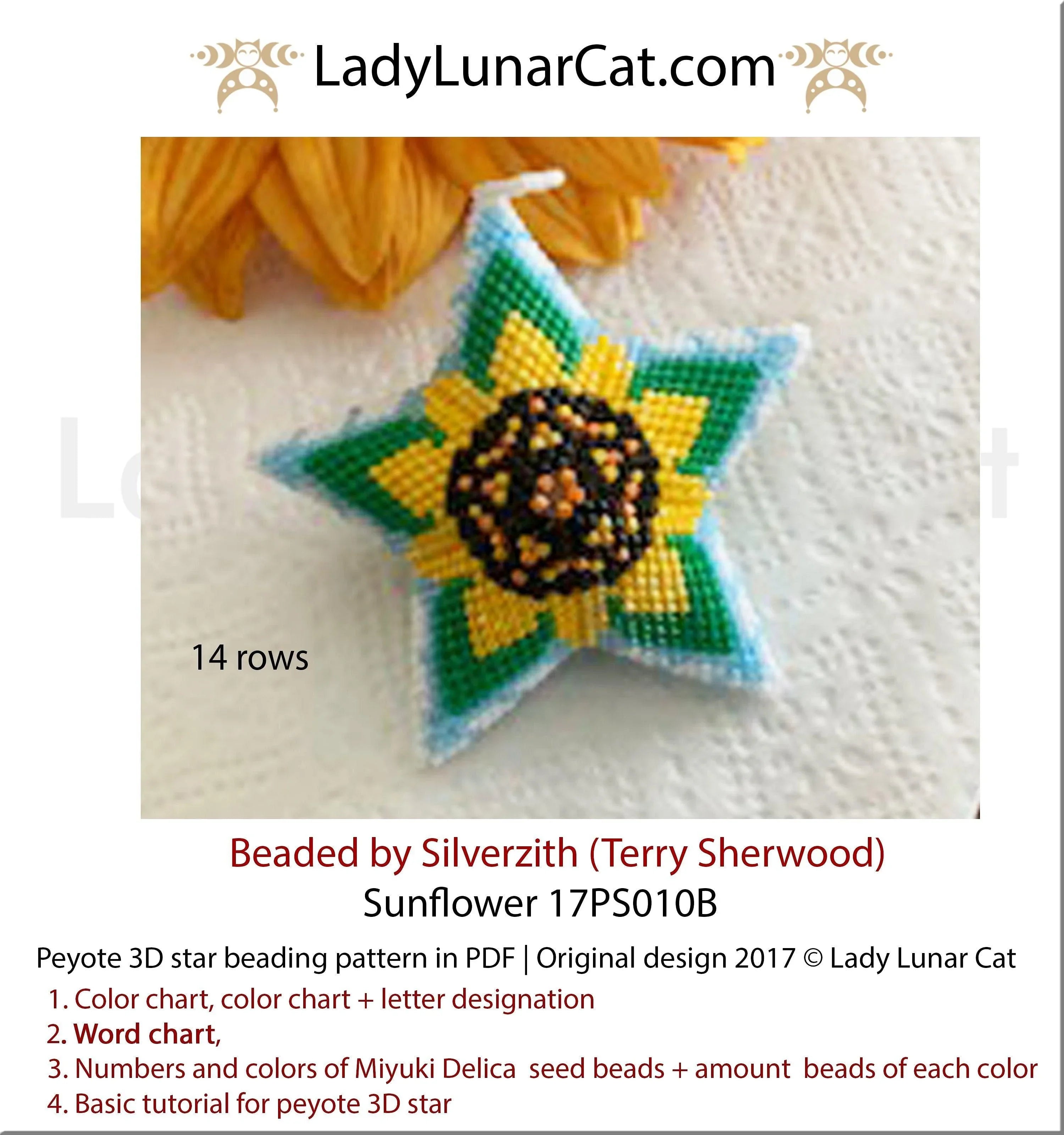 Sunflower peyote star 17PS010B - 27 beads 14 rows blue sky clouds summer PDF LadyLunarCat