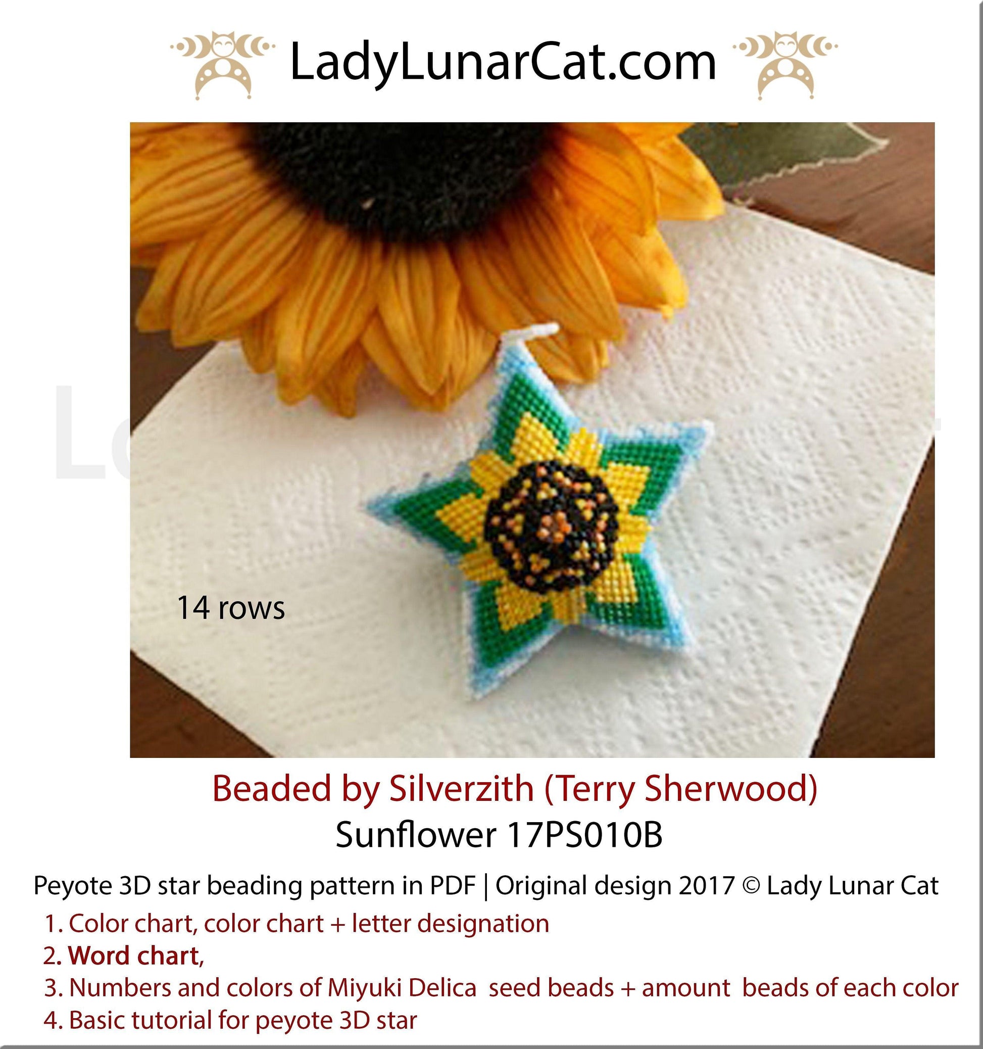 Peyote star patterns for beading Sunflower 17PS010B LadyLunarCat