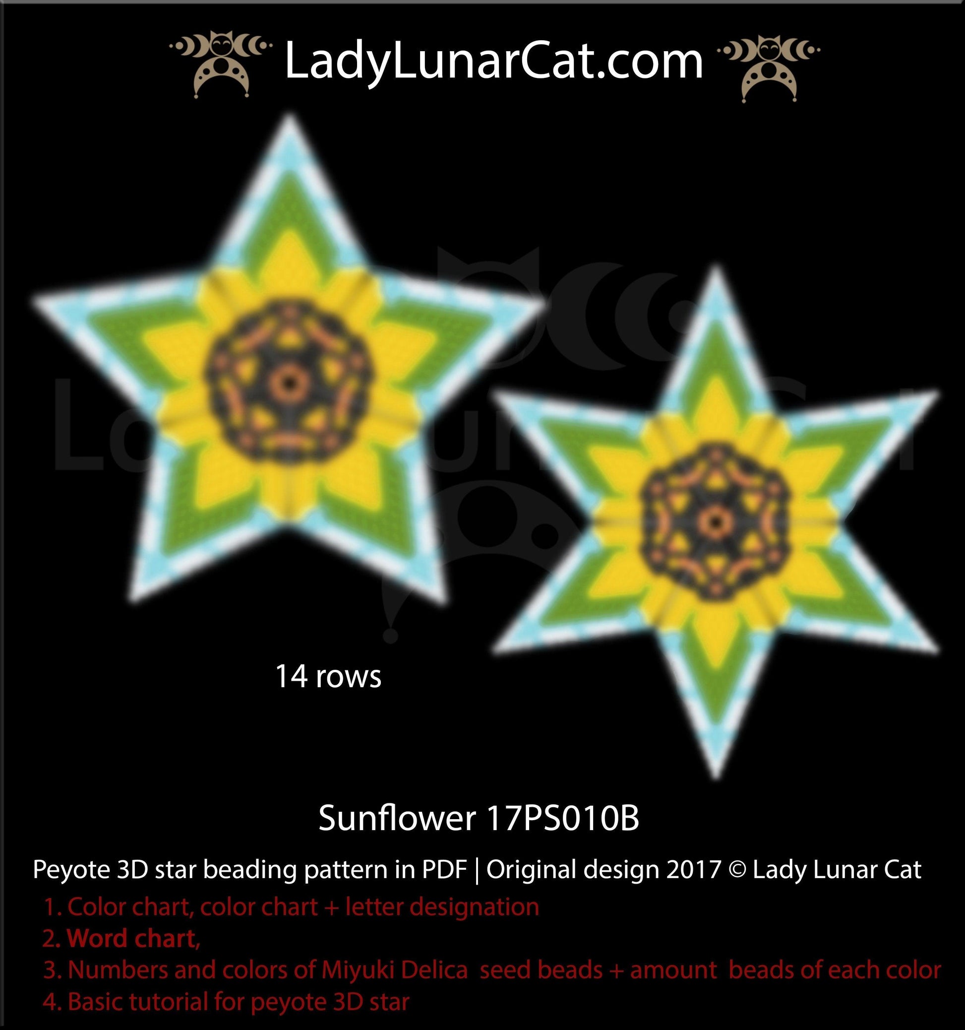 Peyote star patterns for beading Sunflower 17PS010B LadyLunarCat