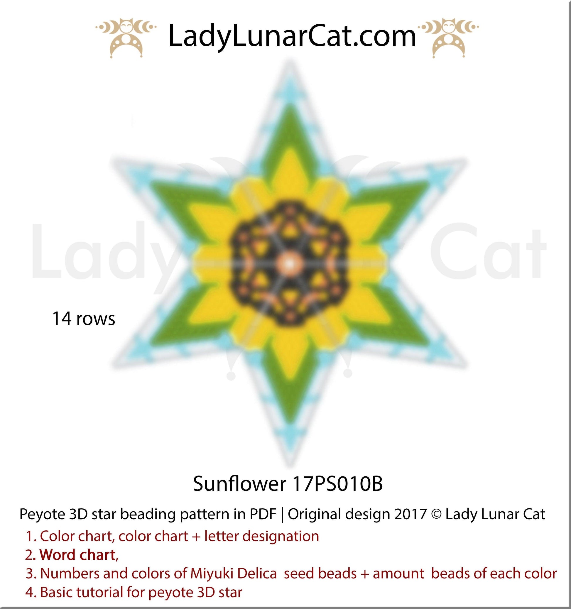 Peyote star patterns for beading Sunflower 17PS010B LadyLunarCat