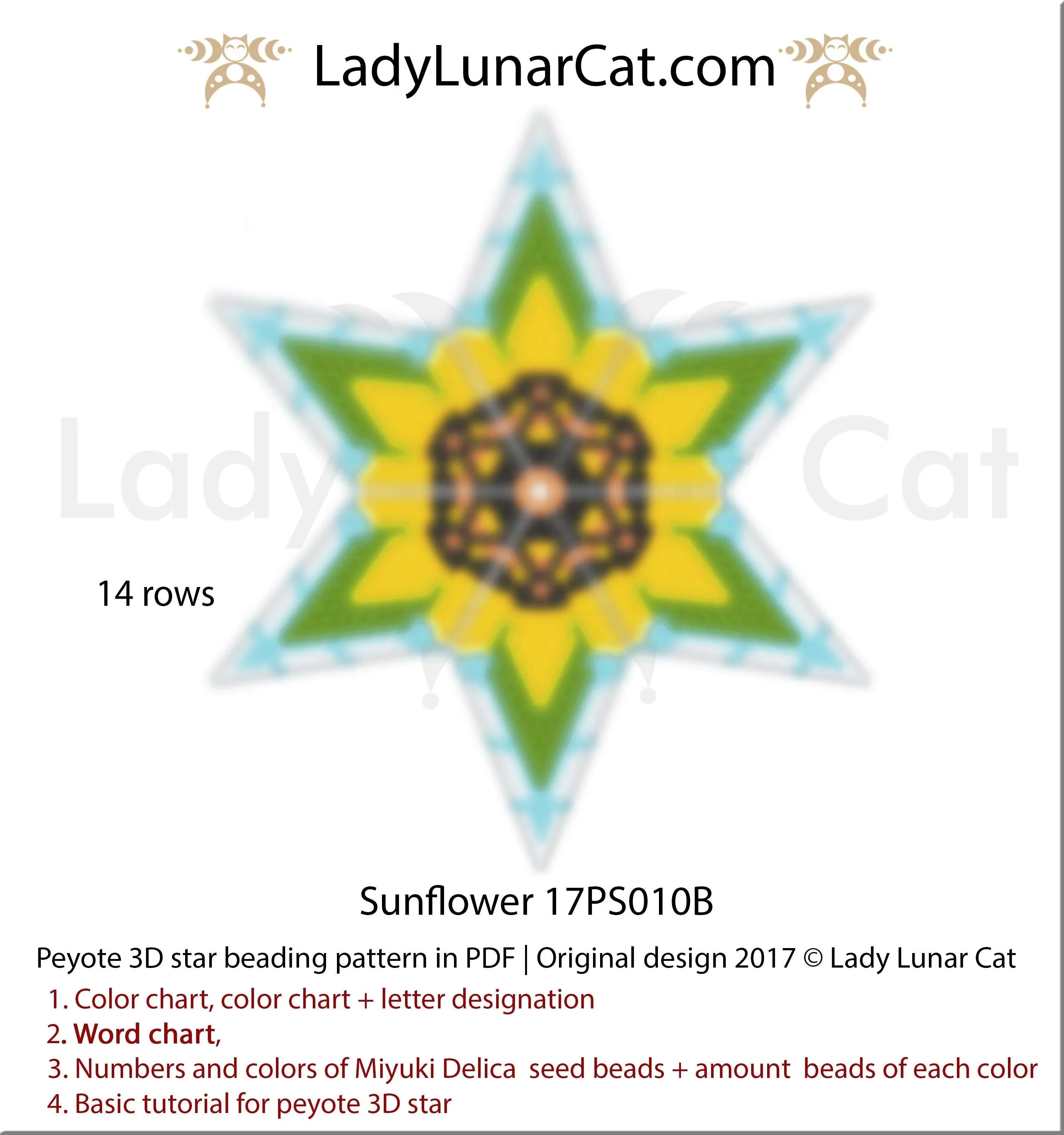 Sunflower star 17PS010B pattern chart - word chart bead legend 16 pages PDF LadyLunarCat