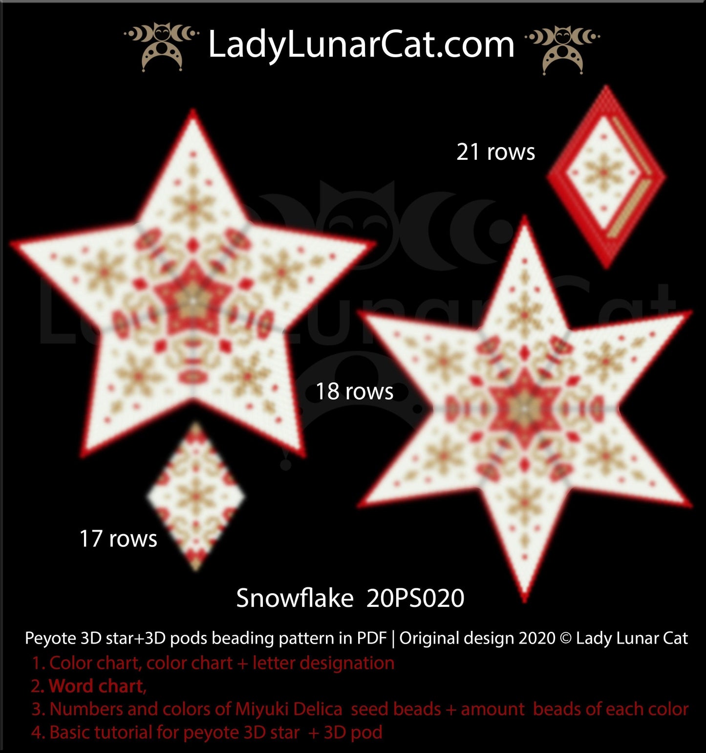Peyote star patterns for beading and peyote pod patterns  Snowflake 20PS020 LadyLunarCat