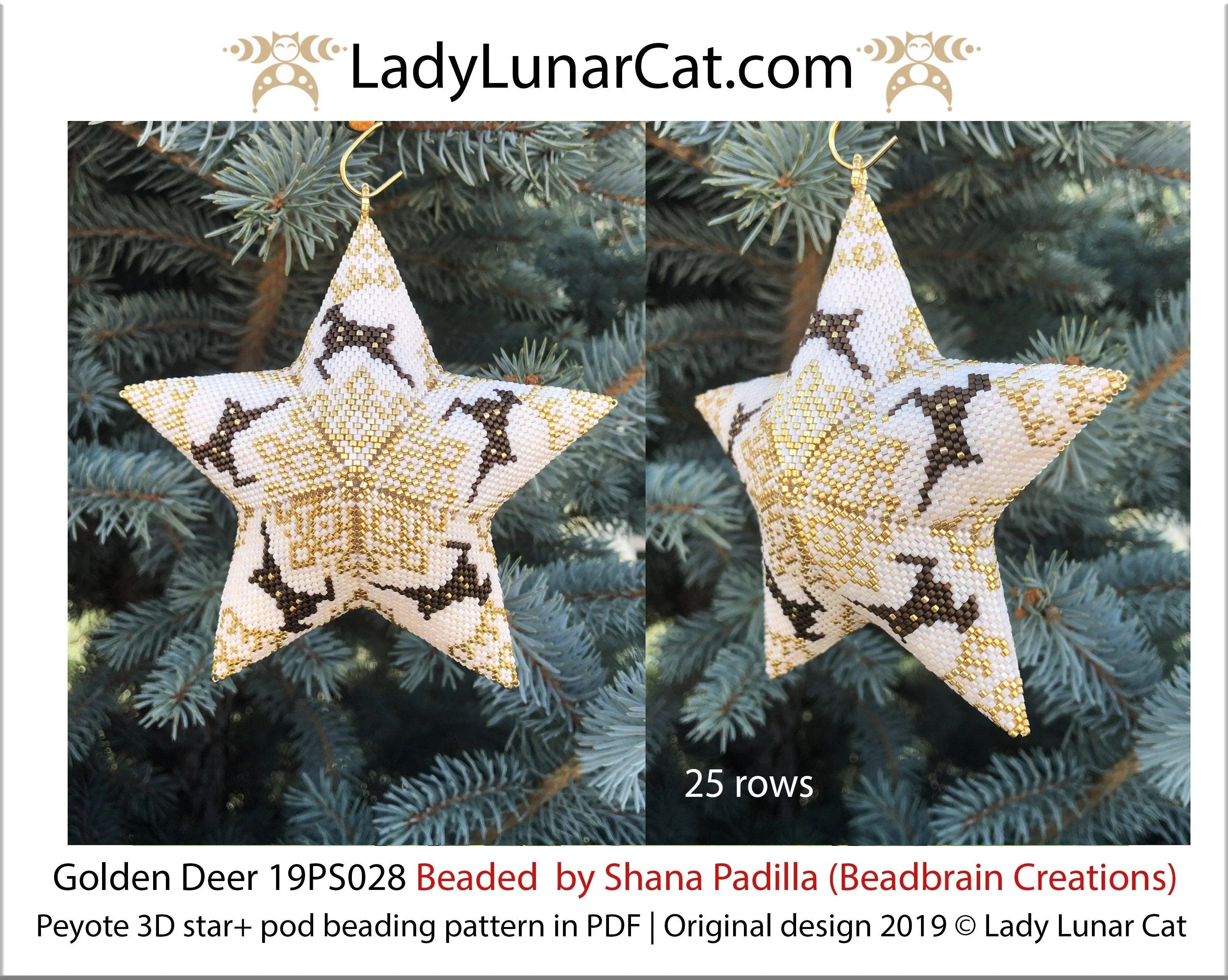 Golden deer peyote star pod bundle by Lady Lunar Cat — Christmas vintage ornament beading PDF 19PS028