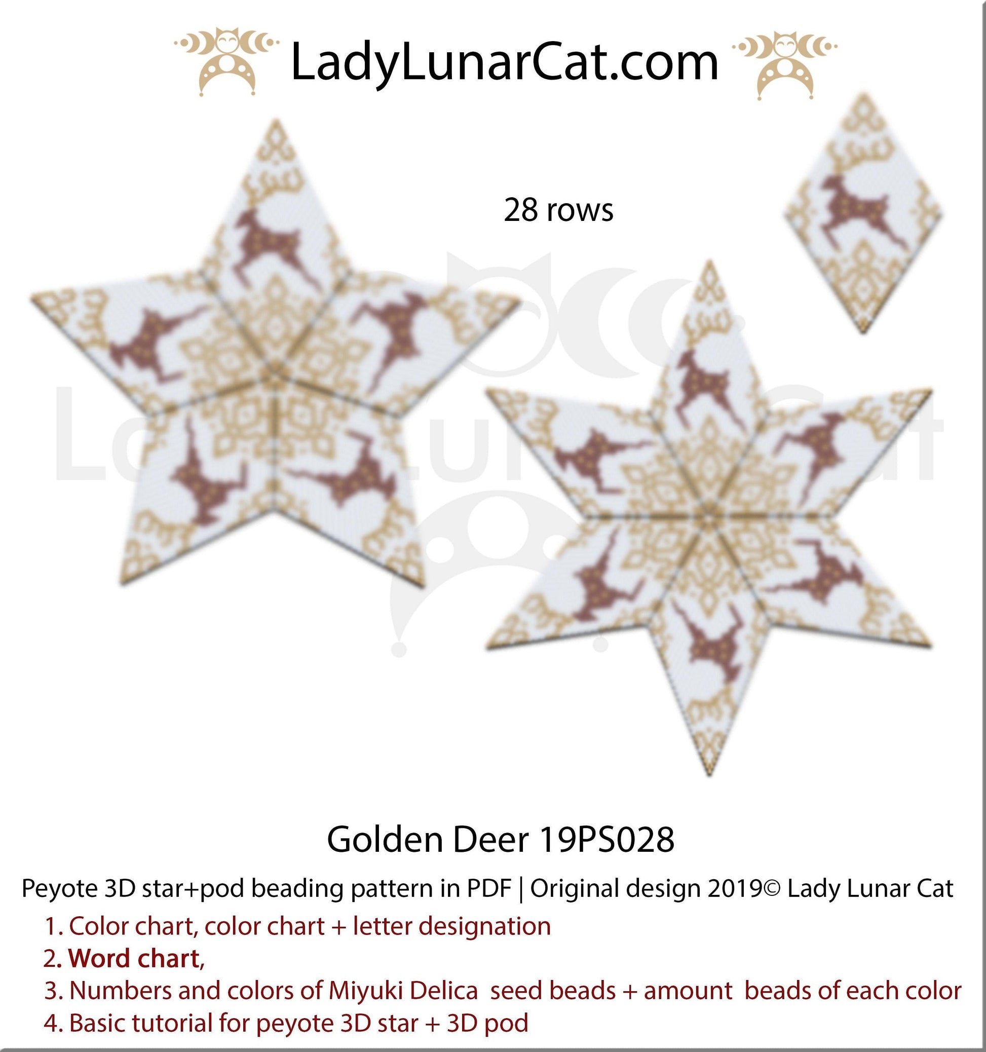 Peyote star patterns for beading and peyote pod patterns Golden deer 19PS028 LadyLunarCat