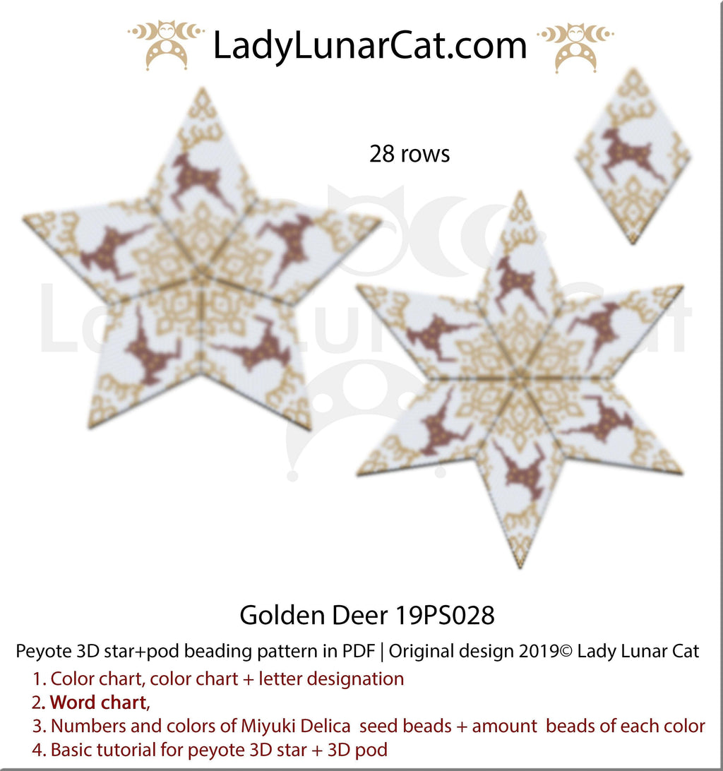 Peyote star patterns for beading and peyote pod patterns Golden deer 19PS028 LadyLunarCat