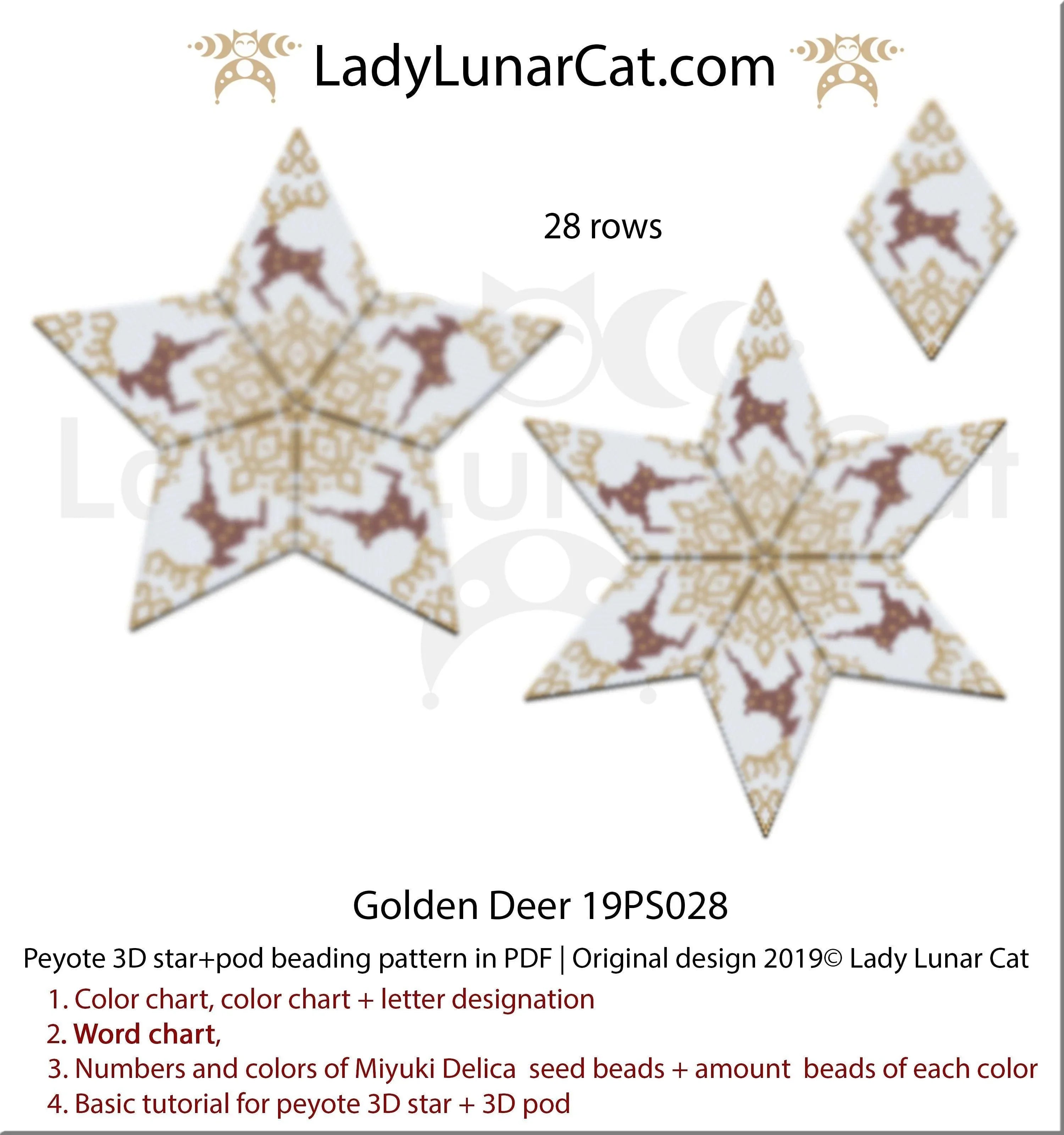 Golden deer peyote star pod set — Christmas vintage ornament reindeer beading LadyLunarCat