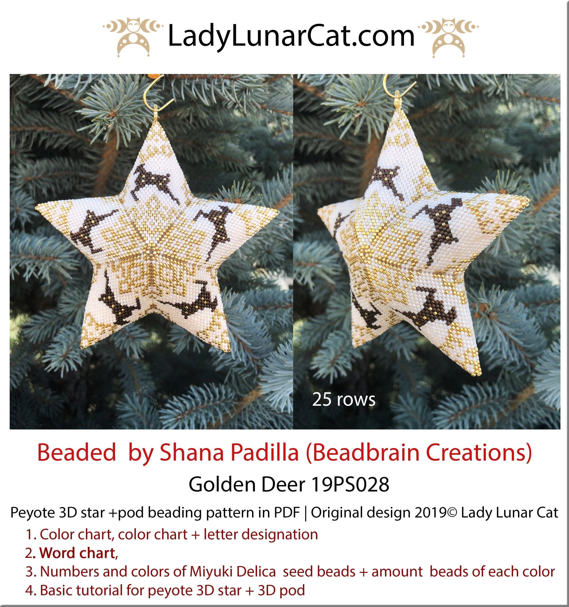 Peyote star patterns for beading and peyote pod patterns Golden deer 19PS028 LadyLunarCat