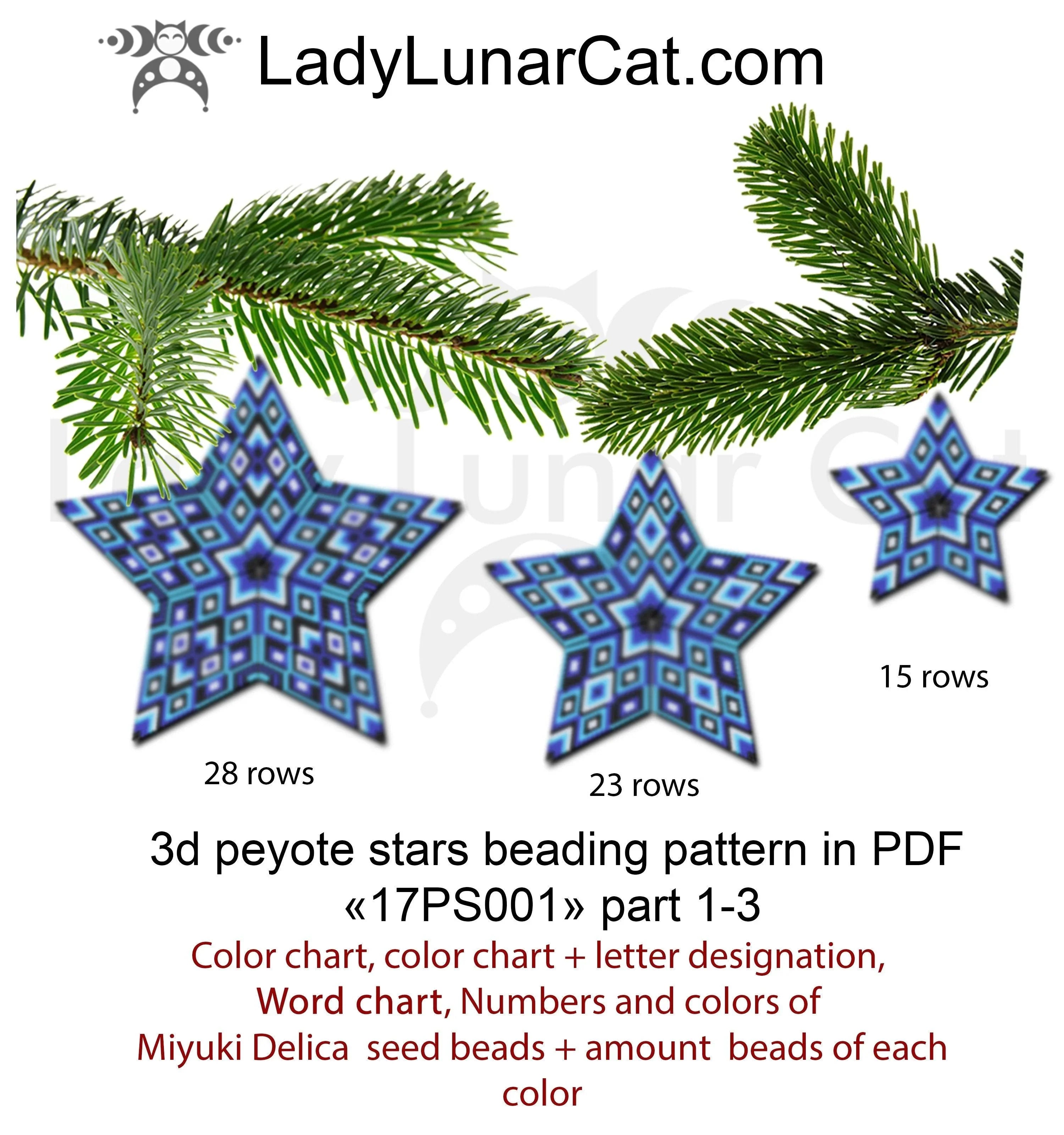 Blue geometry peyote star — 3 sizes: 55, 45 & 29 beads, 4 colors, Miyuki Delica 11/0