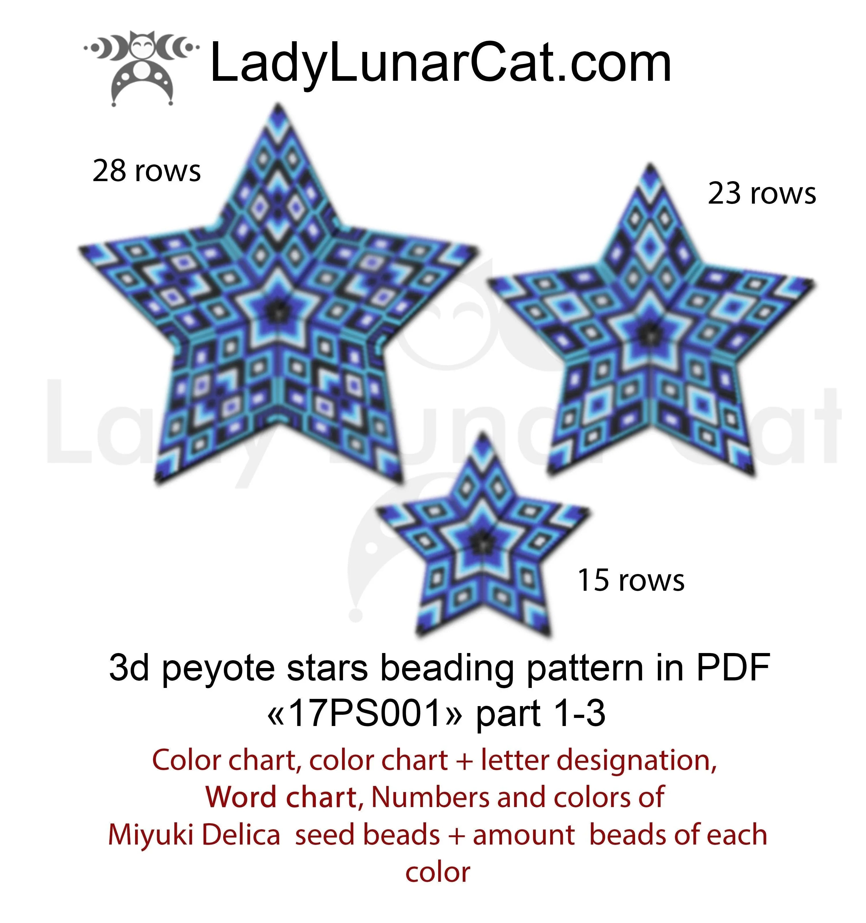 Blue geometry peyote star beading pattern preview — 3 sizes included