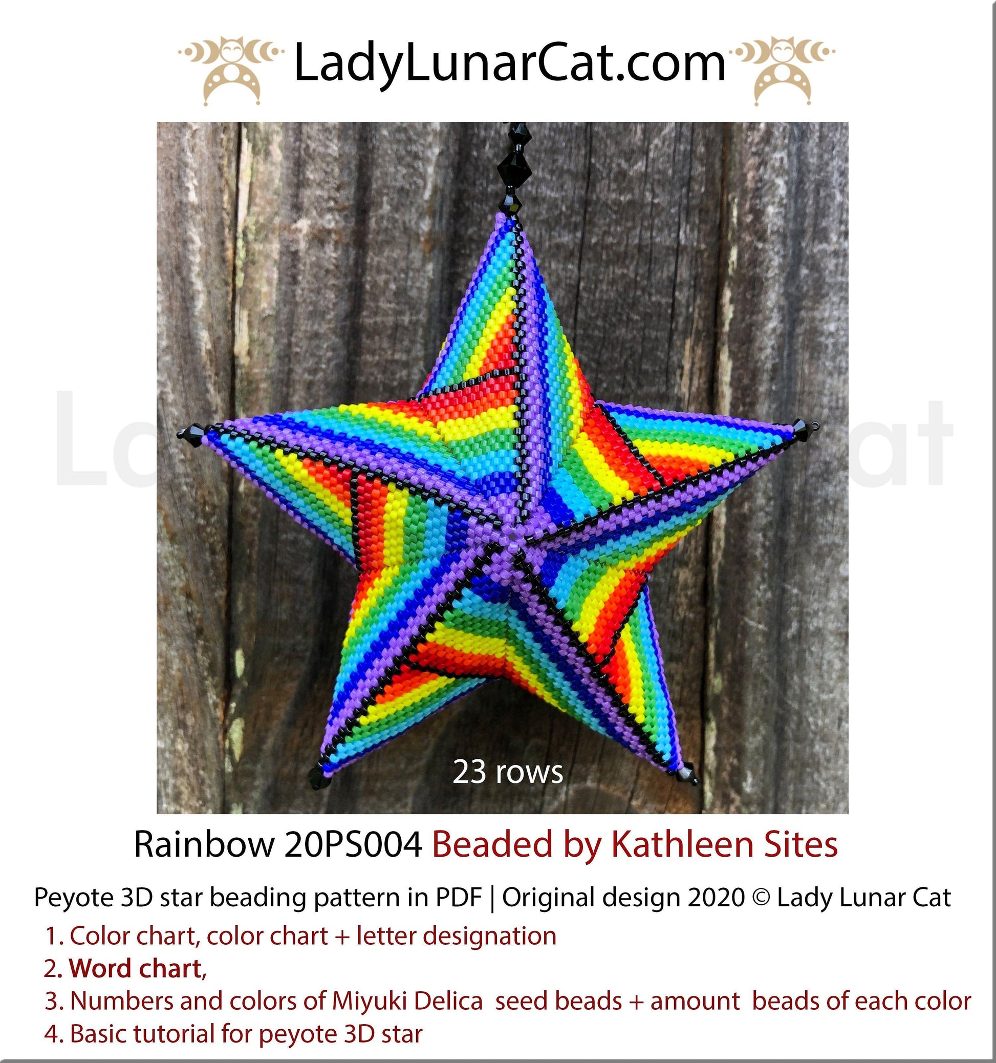 Peyote star patterns for beading colorful Rainbow 20PS004 LadyLunarCat