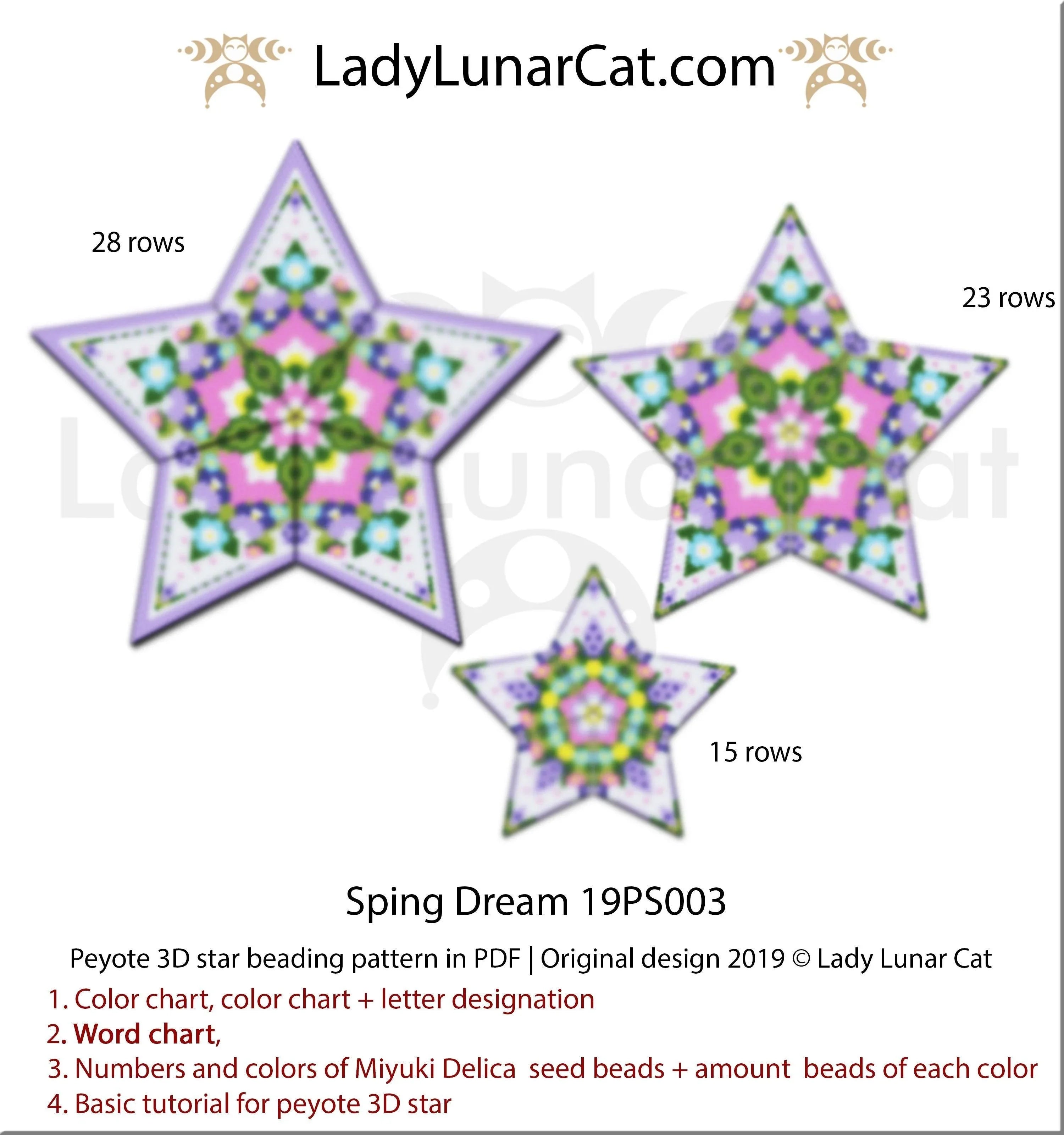Spring Dream beaded star size S - 29 beads 15 rows spring flowers close up LadyLunarCat