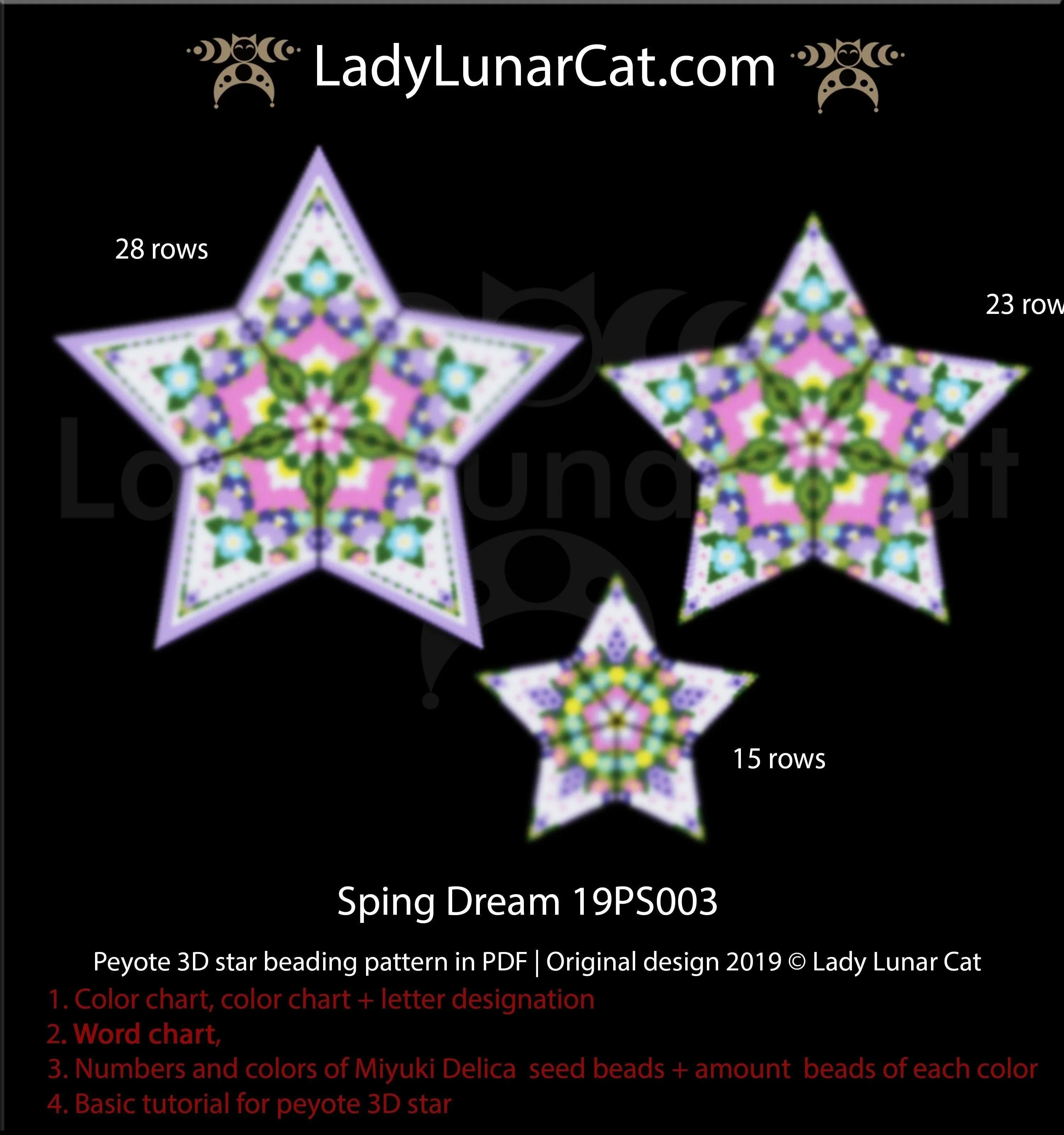 Spring Dream peyote star size M - 45 beads 23 rows floral mandala Miyuki Delica LadyLunarCat