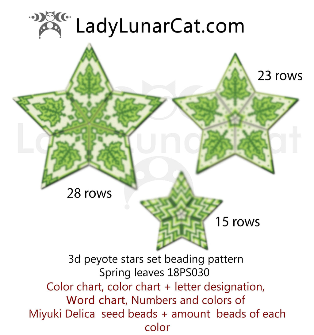 Peyote star patterns for beading green Spring leaves 18PS030. LadyLunarCat