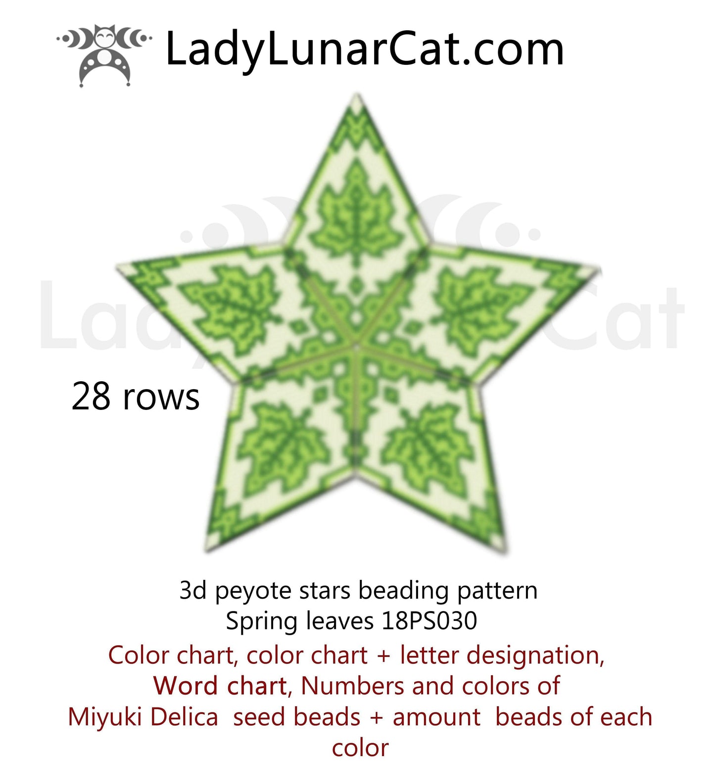 Peyote star patterns for beading green Spring leaves 18PS030. LadyLunarCat