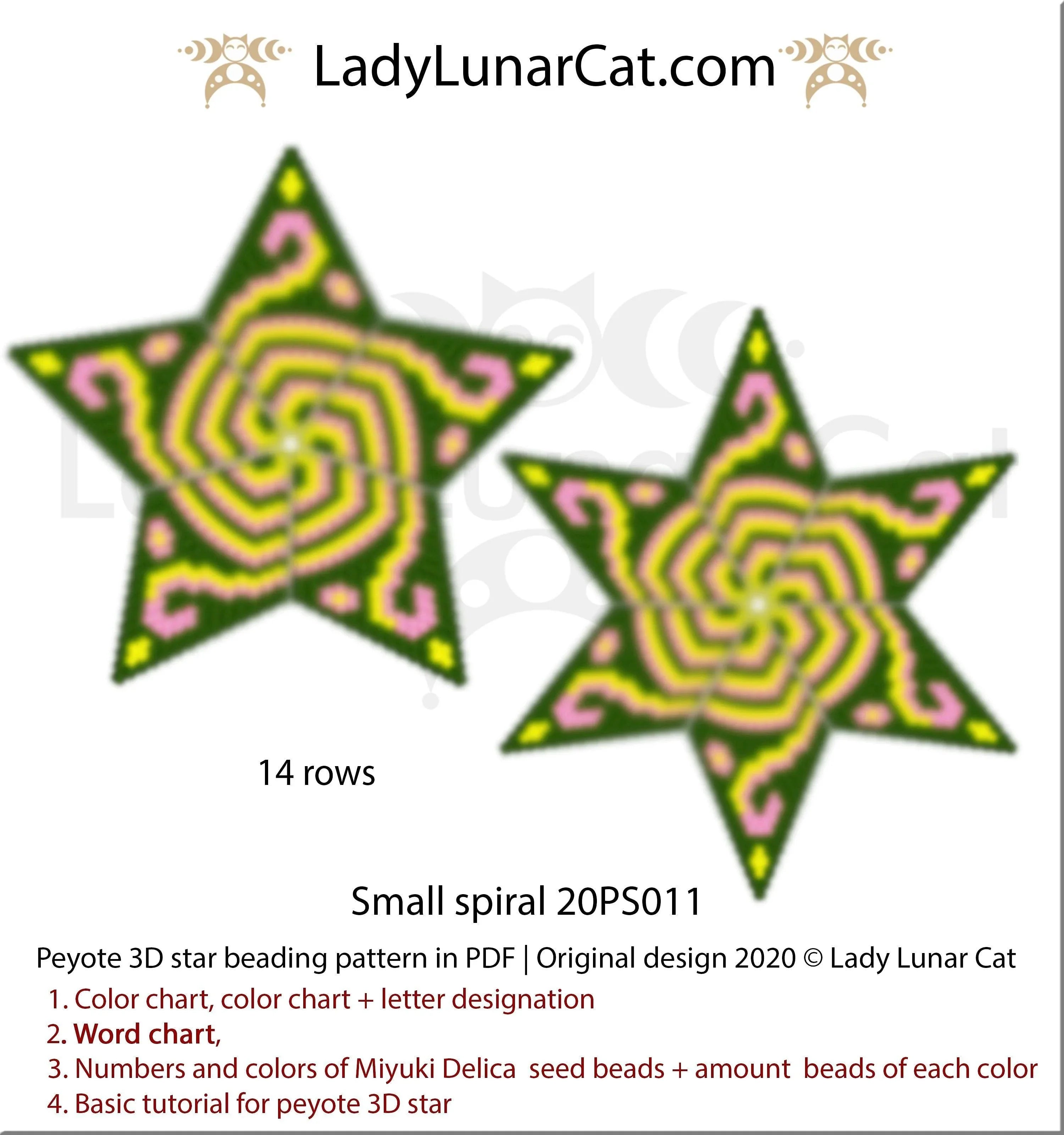 Abstract spiral peyote star — 3 colors, 27-bead radius, 5 & 6-ray versions, Miyuki Delica 11/0