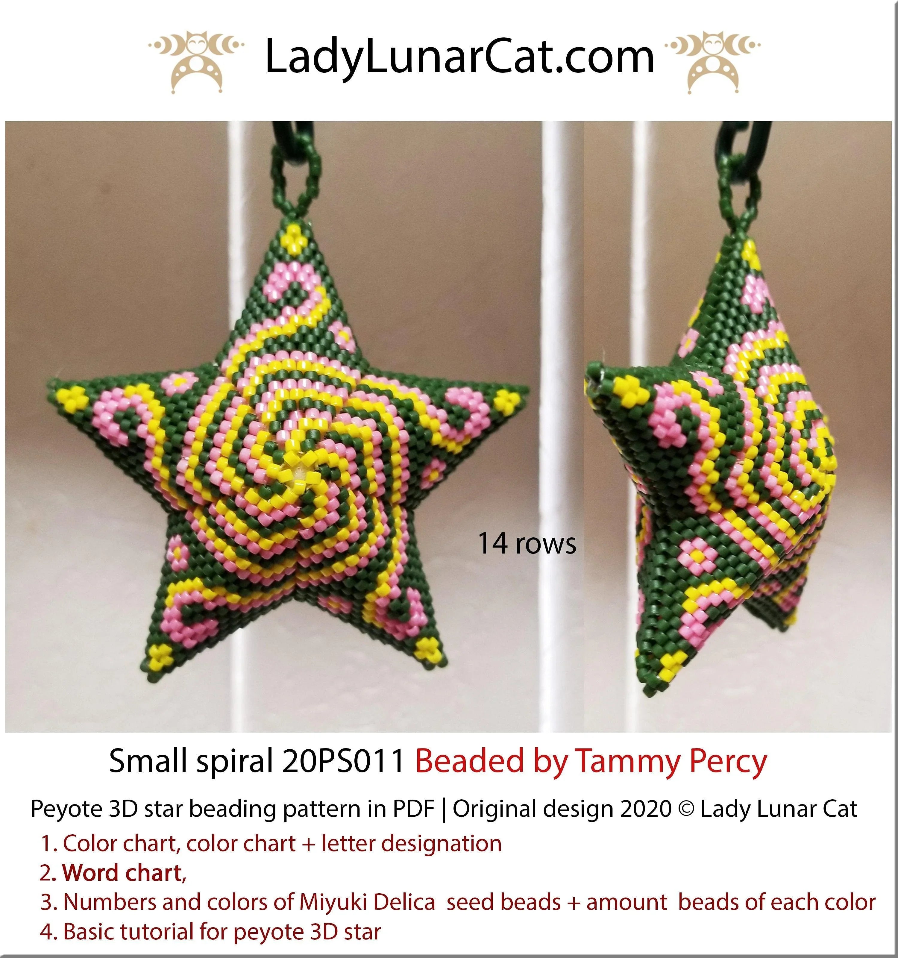 Small spiral peyote star pattern PDF by Lady Lunar Cat — 5 & 6 ray 20PS011