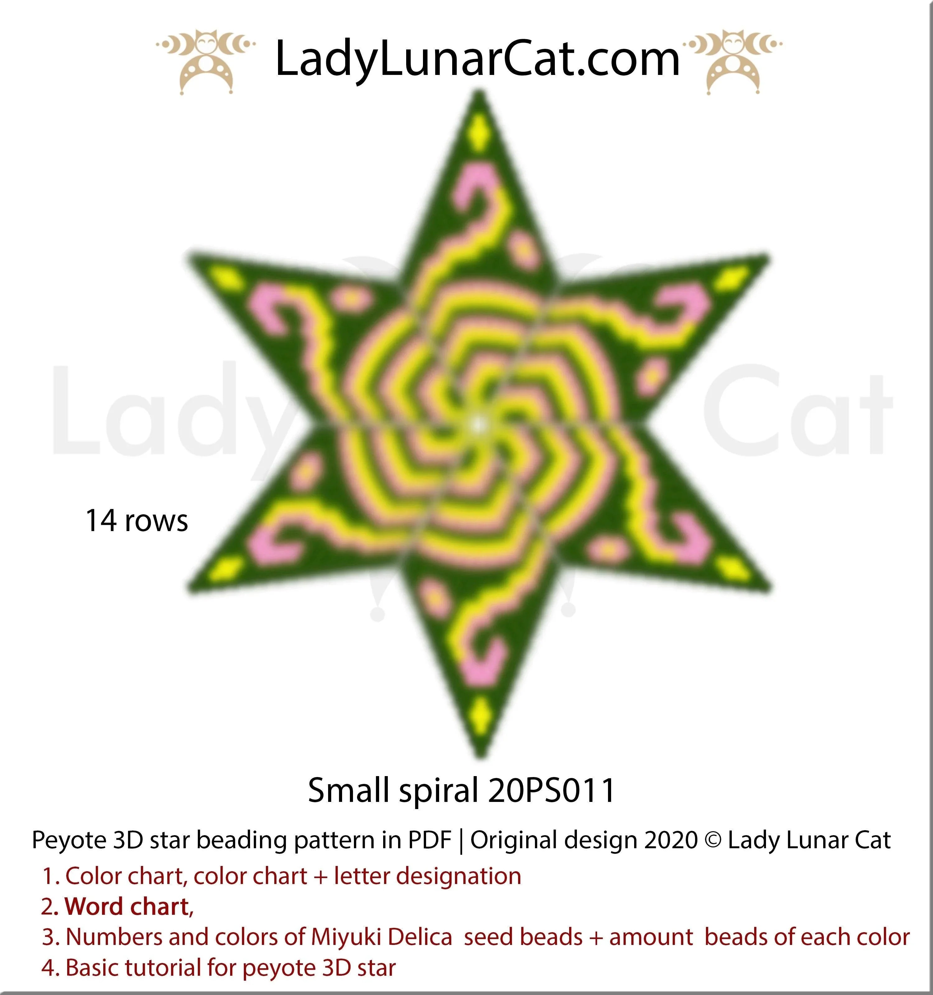 Small spiral peyote star beading pattern preview — 5 and 6 ray versions included