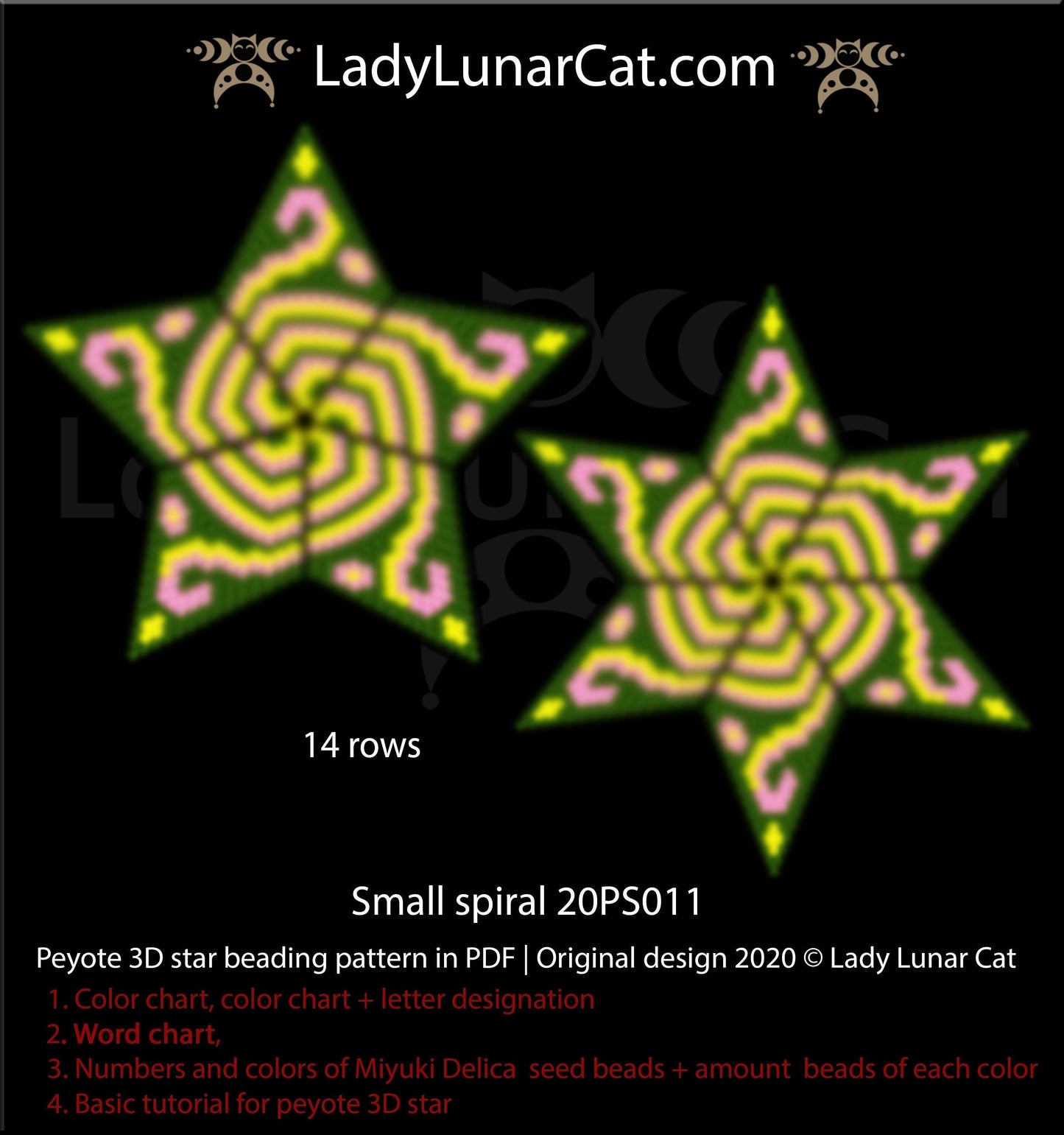 Peyote star patterns for beading yellow Small spiral 20PS011 LadyLunarCat