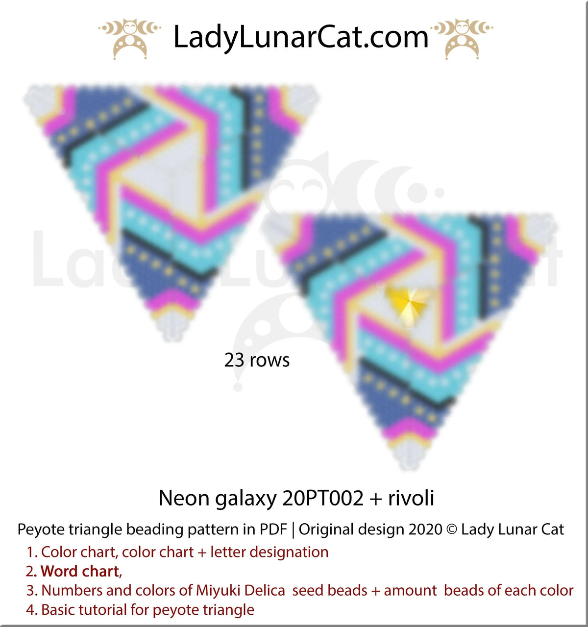 Neon galaxy peyote triangle — 6 colors, 45-bead radius, rivoli center, Miyuki Delica 11/0