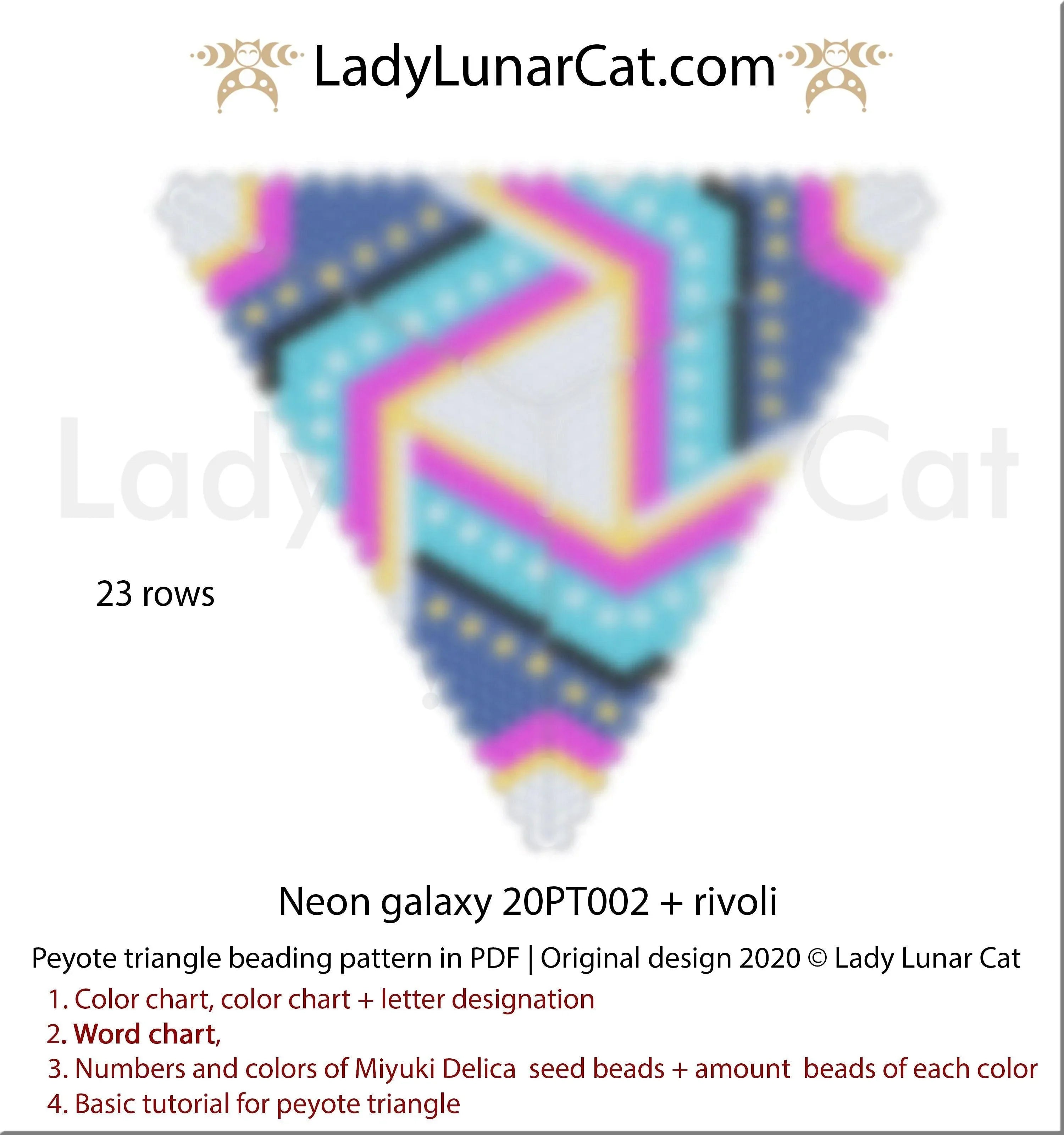 Peyote triangle neon galaxy — 23 rows, rivoli pendant, professional level, instant download