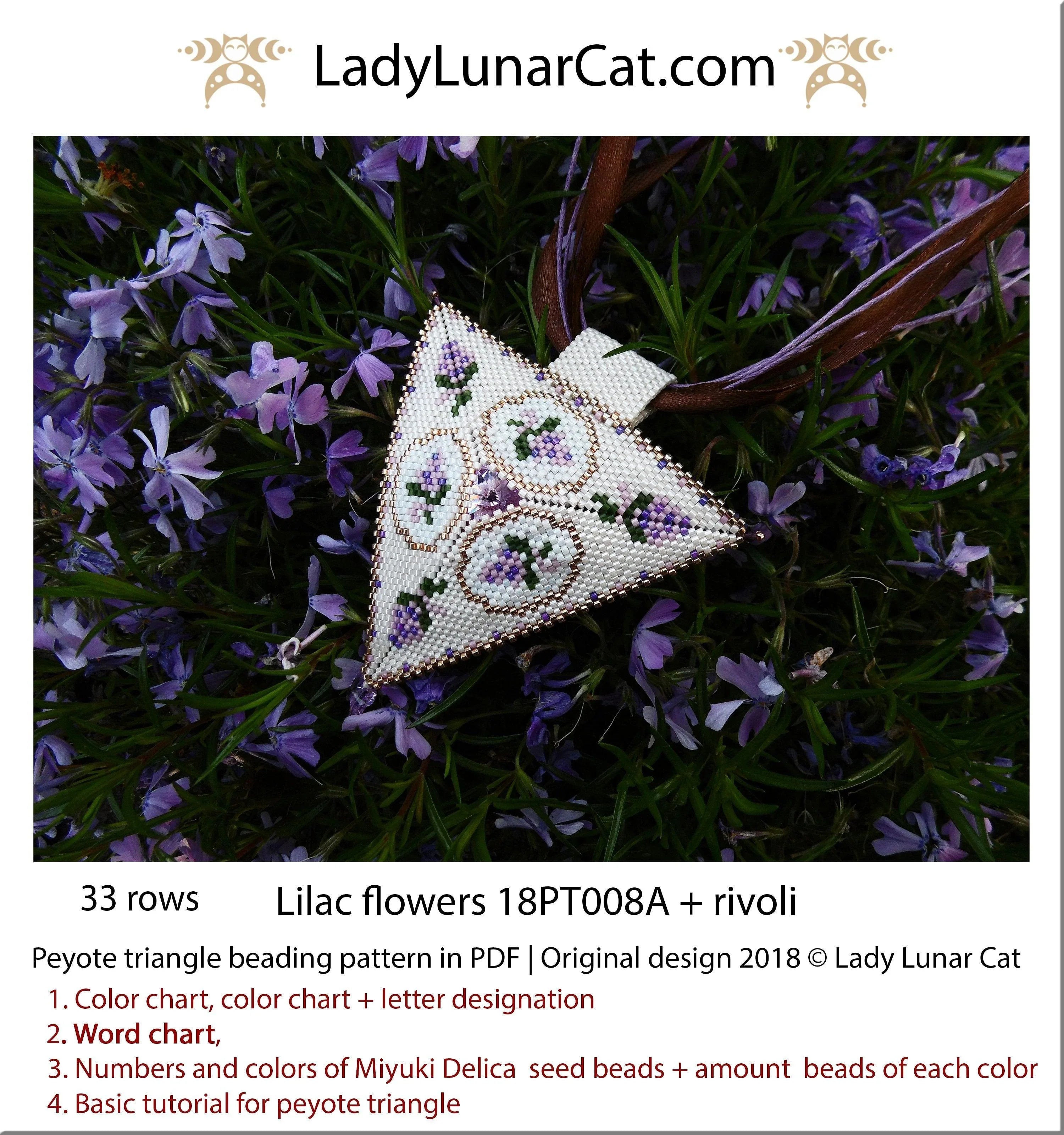 Lilac Flower beaded triangle full view - vintage floral peyote 33 rows Miyuki Delica LadyLunarCat