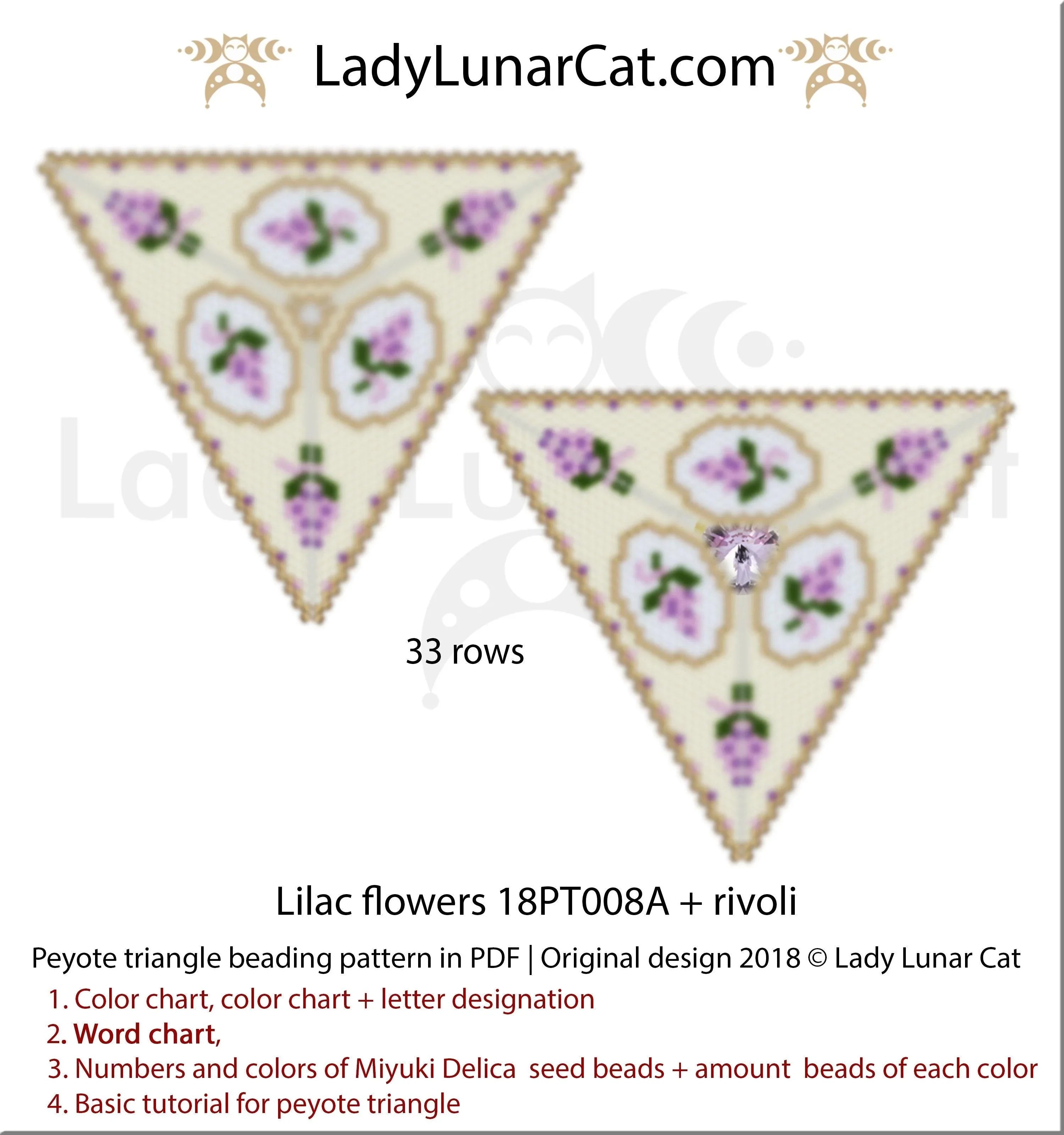 Lilac Flower peyote triangle detail - Rivoli crystal center dewdrop effect LadyLunarCat