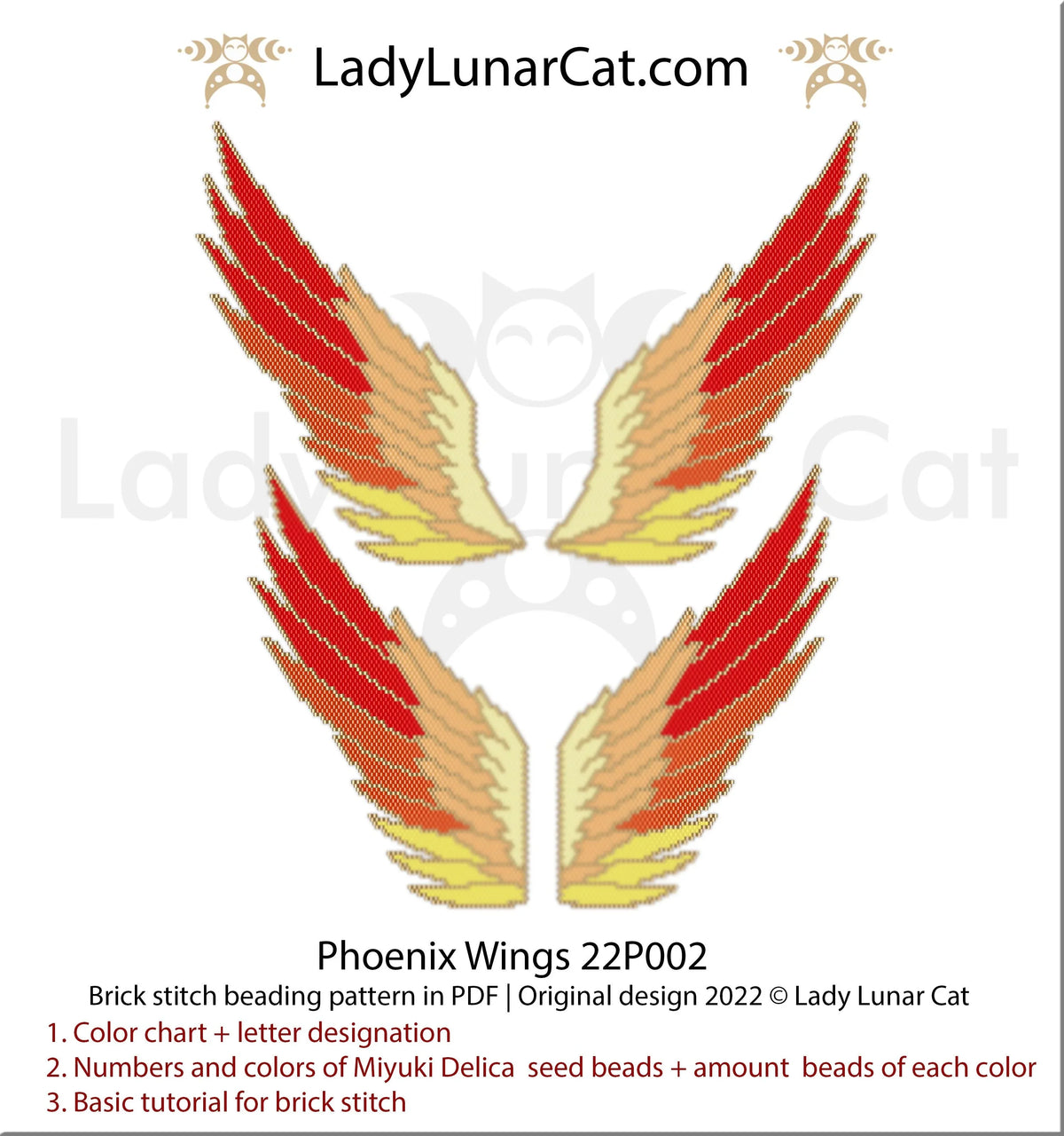 Phoenix wings beading — 6 colors, 118×68 beads, 2 widths, gold fire, Miyuki Delica 11/0