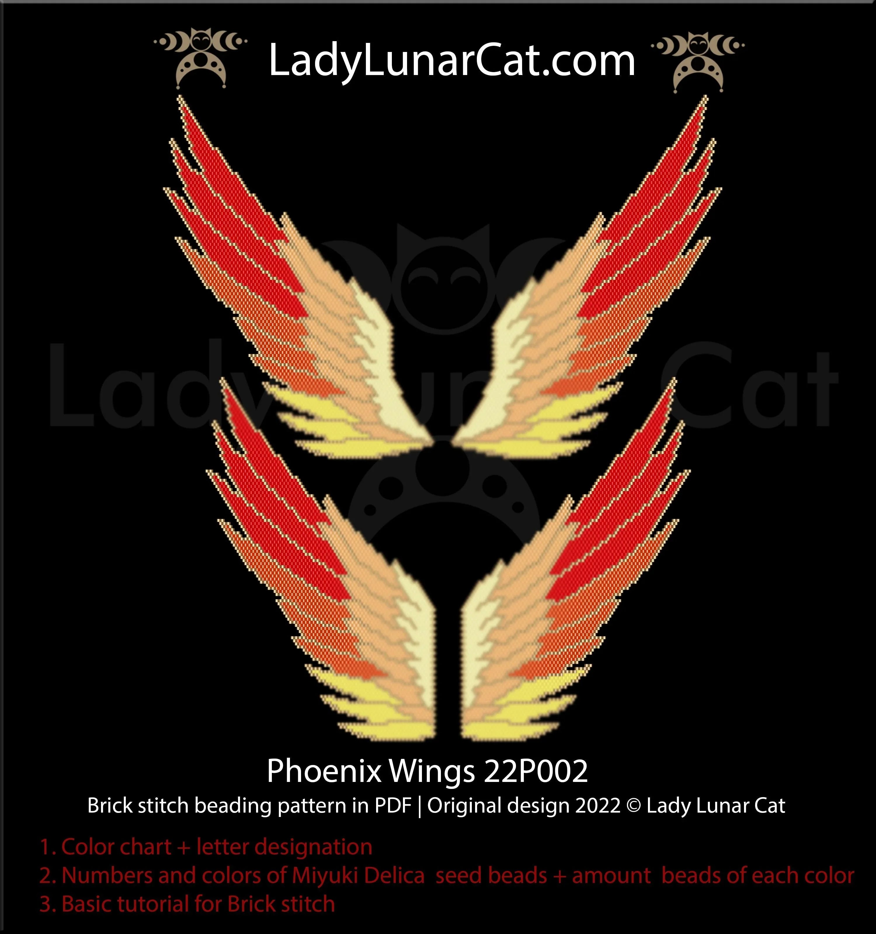 Phoenix wings brick stitch pattern PDF by Lady Lunar Cat — lucky necklace 22P002
