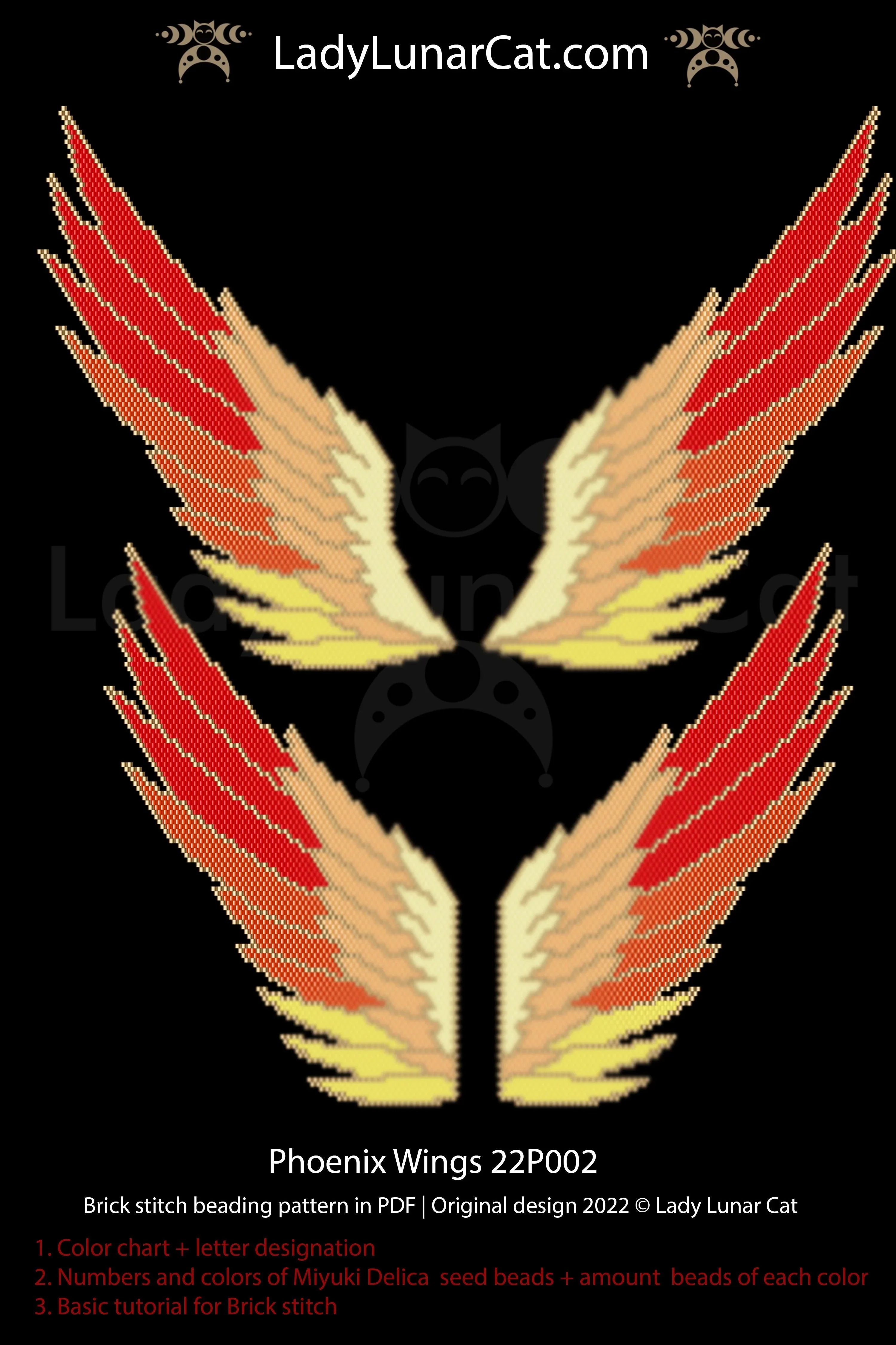 Beaded phoenix wings necklace pendant — brick stitch tutorial PDF for all levels