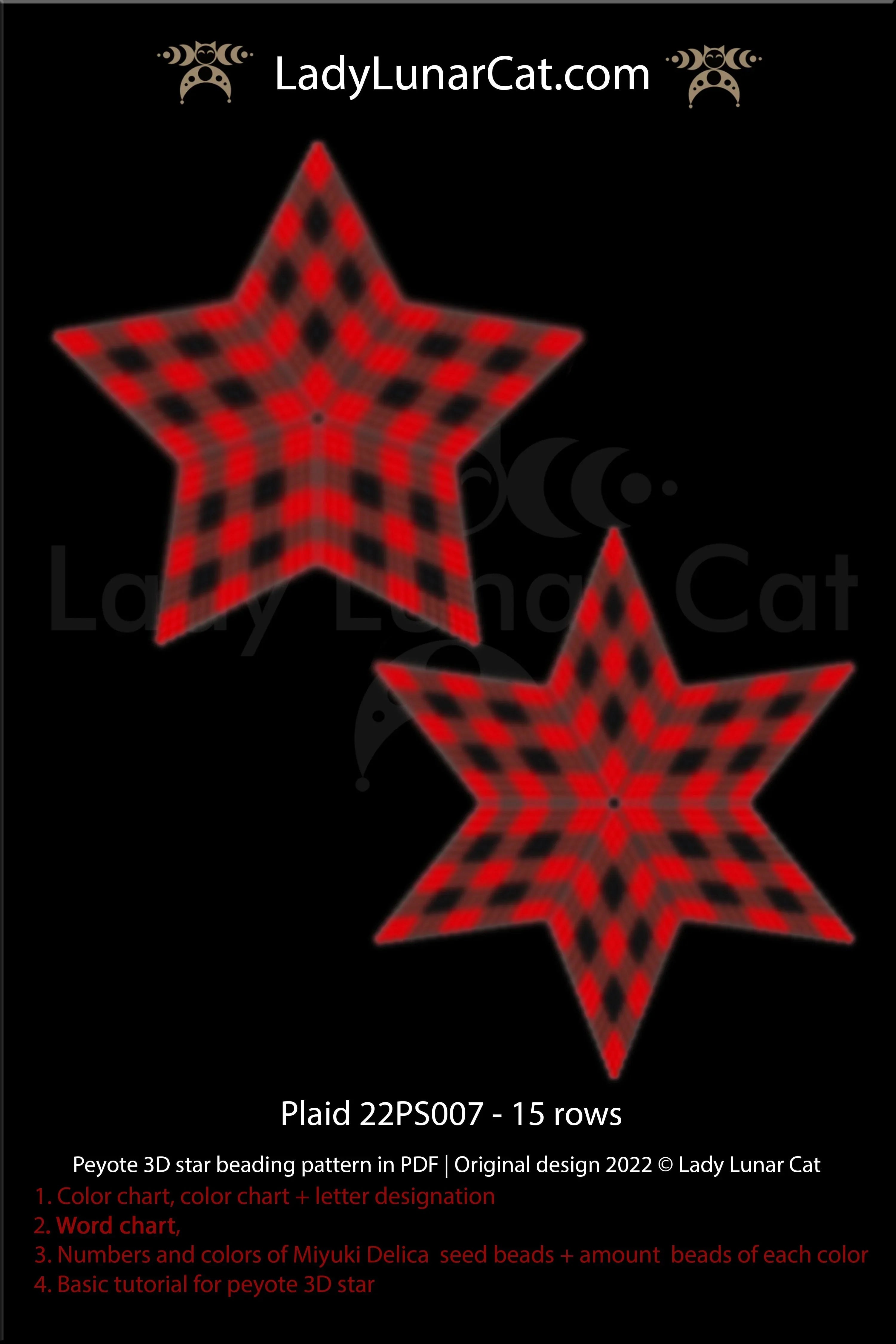 3D peyote star plaid — 15 corner rows, cozy autumn Christmas ornament, instant download