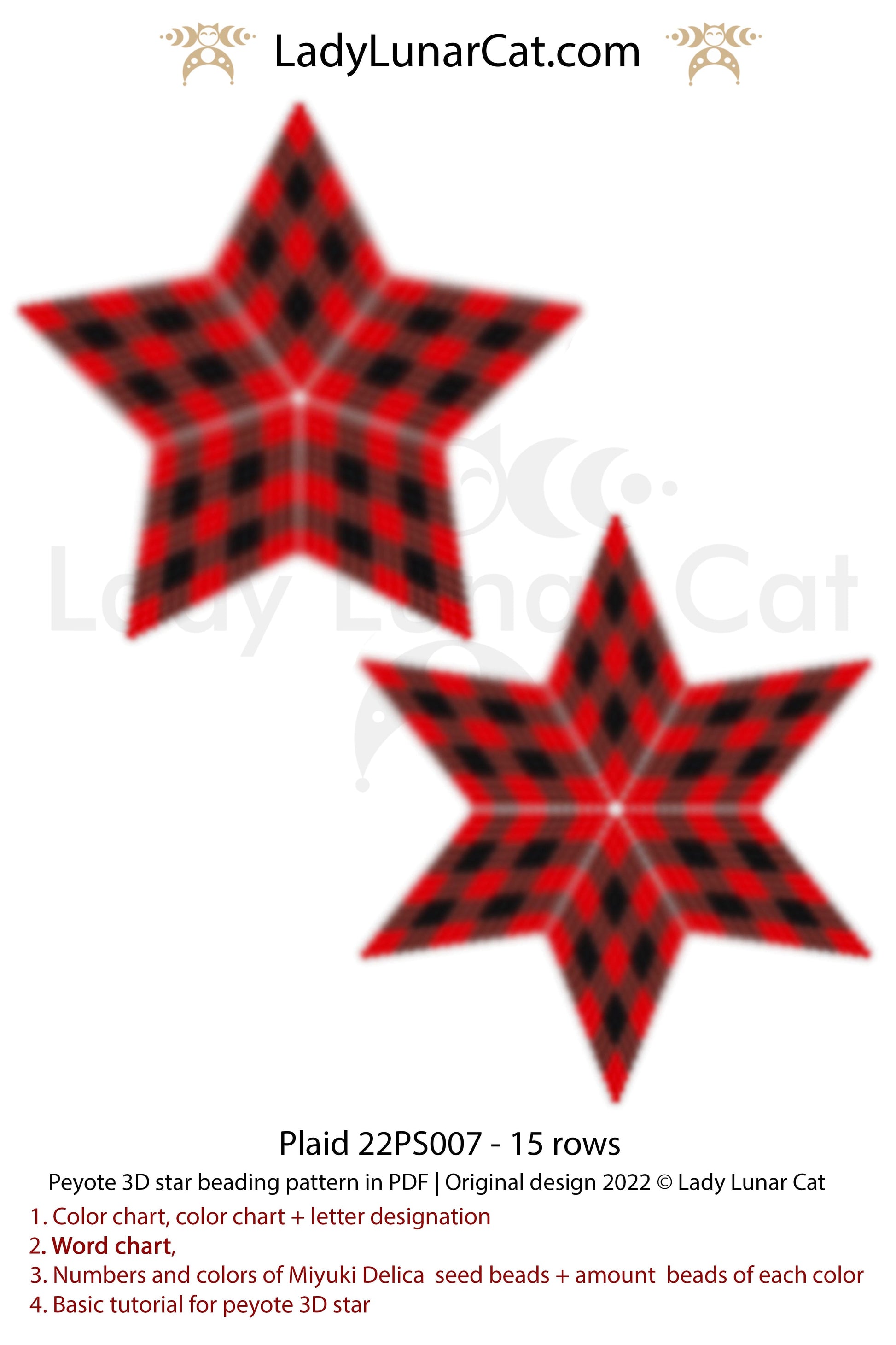 Peyote star pattern for beading - Plaid 22PS007 15 rows LadyLunarCat