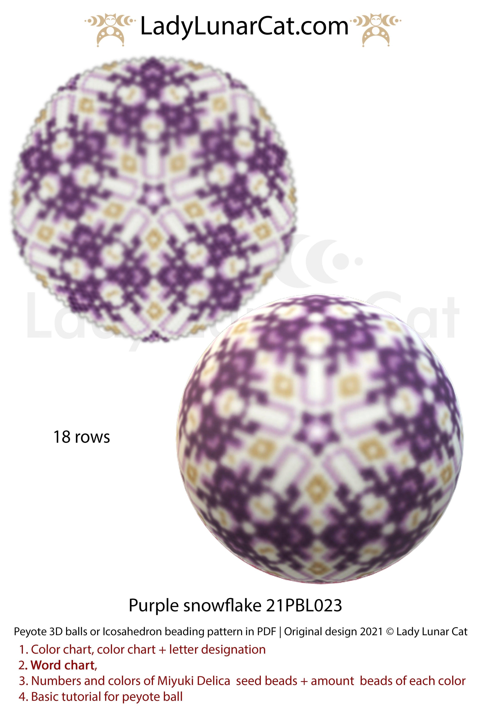Peyote 3d ball pattern for beading Purple snowflake 21PBL023  18 rows LadyLunarCat
