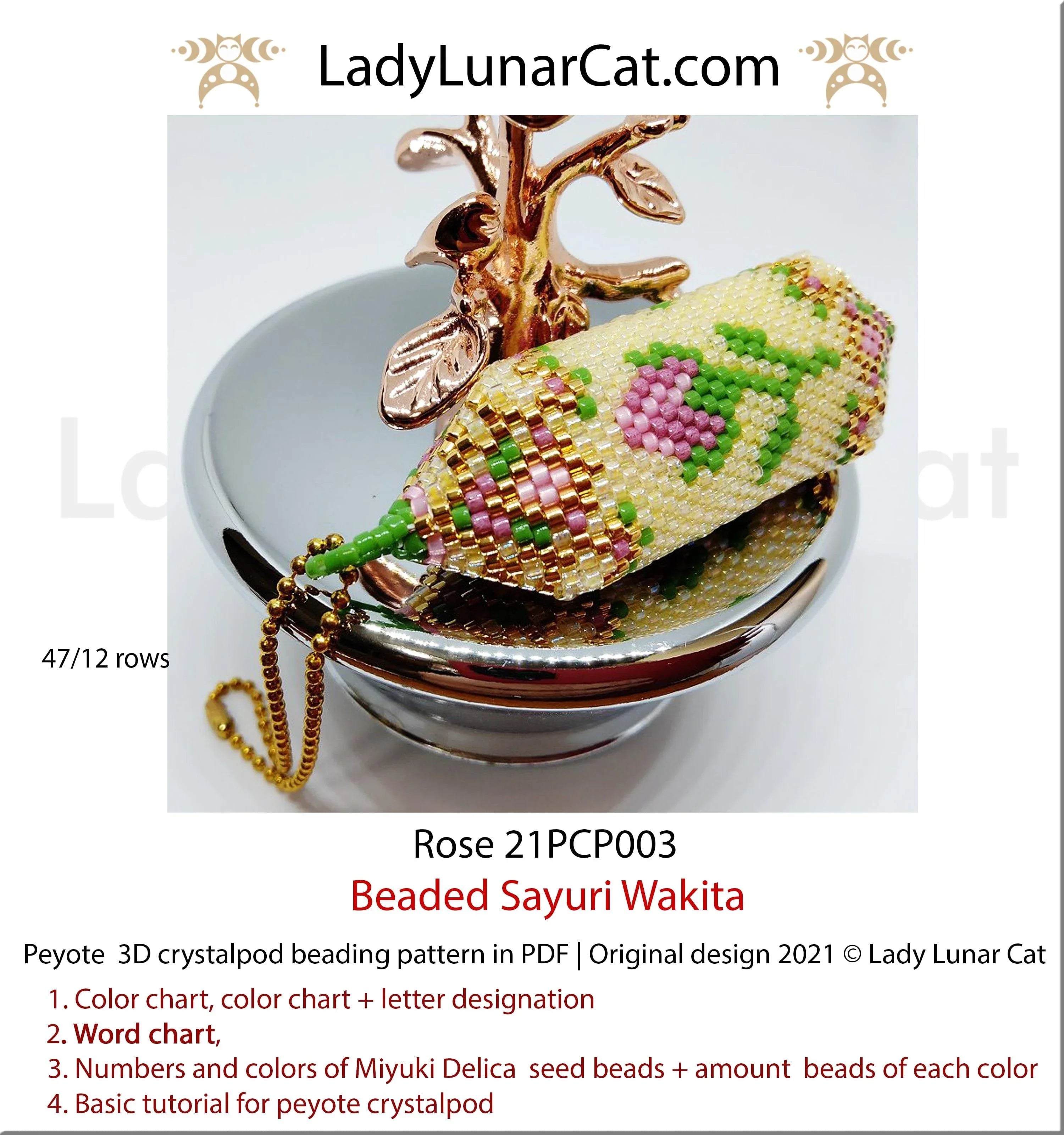 Floral rose peyote crystalpod beading pattern — 5 colors, Miyuki Delica 11/0