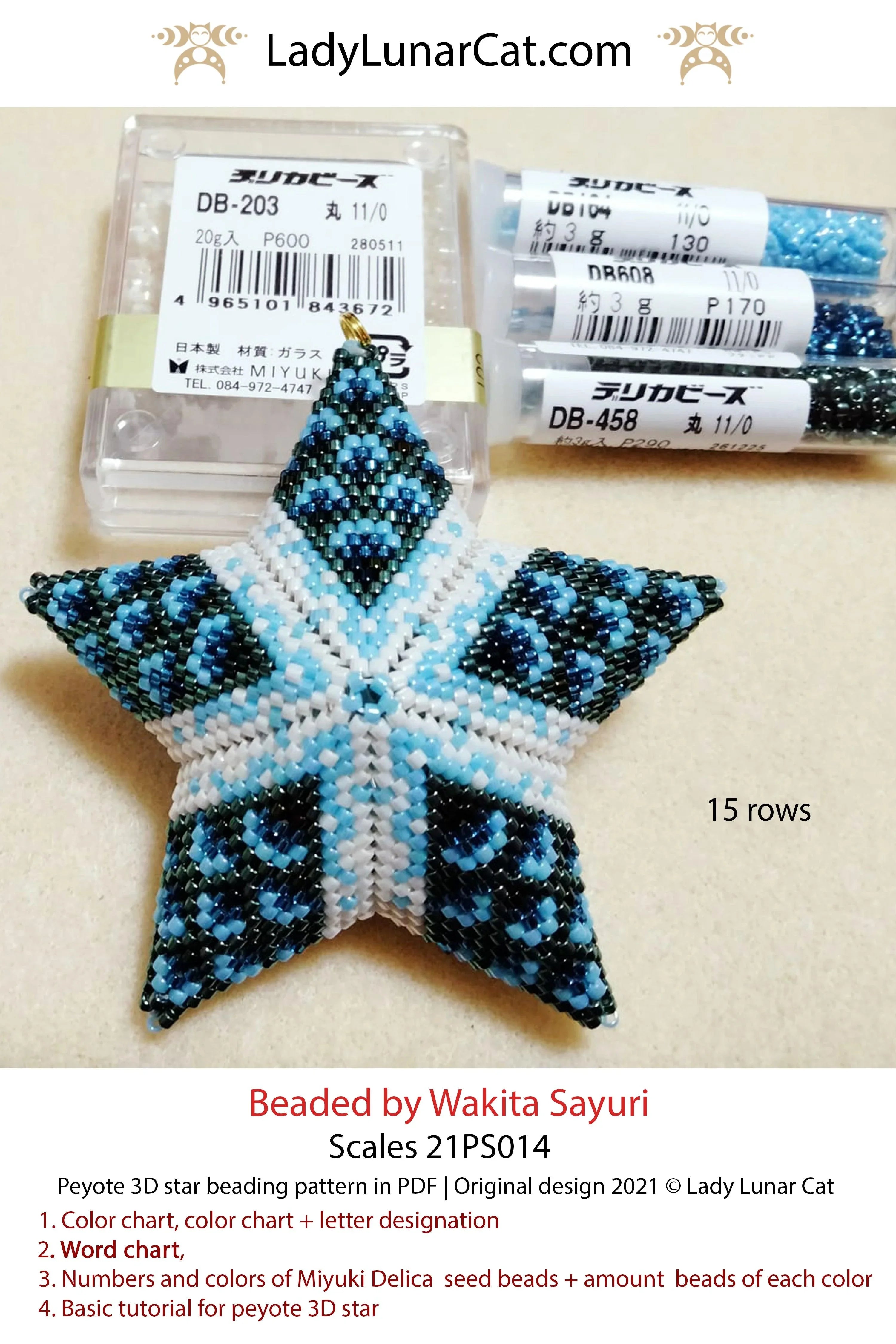 Scales ocean peyote star — 5 colors, 29-bead radius, 15 rows, sea-themed, Miyuki Delica 11/0