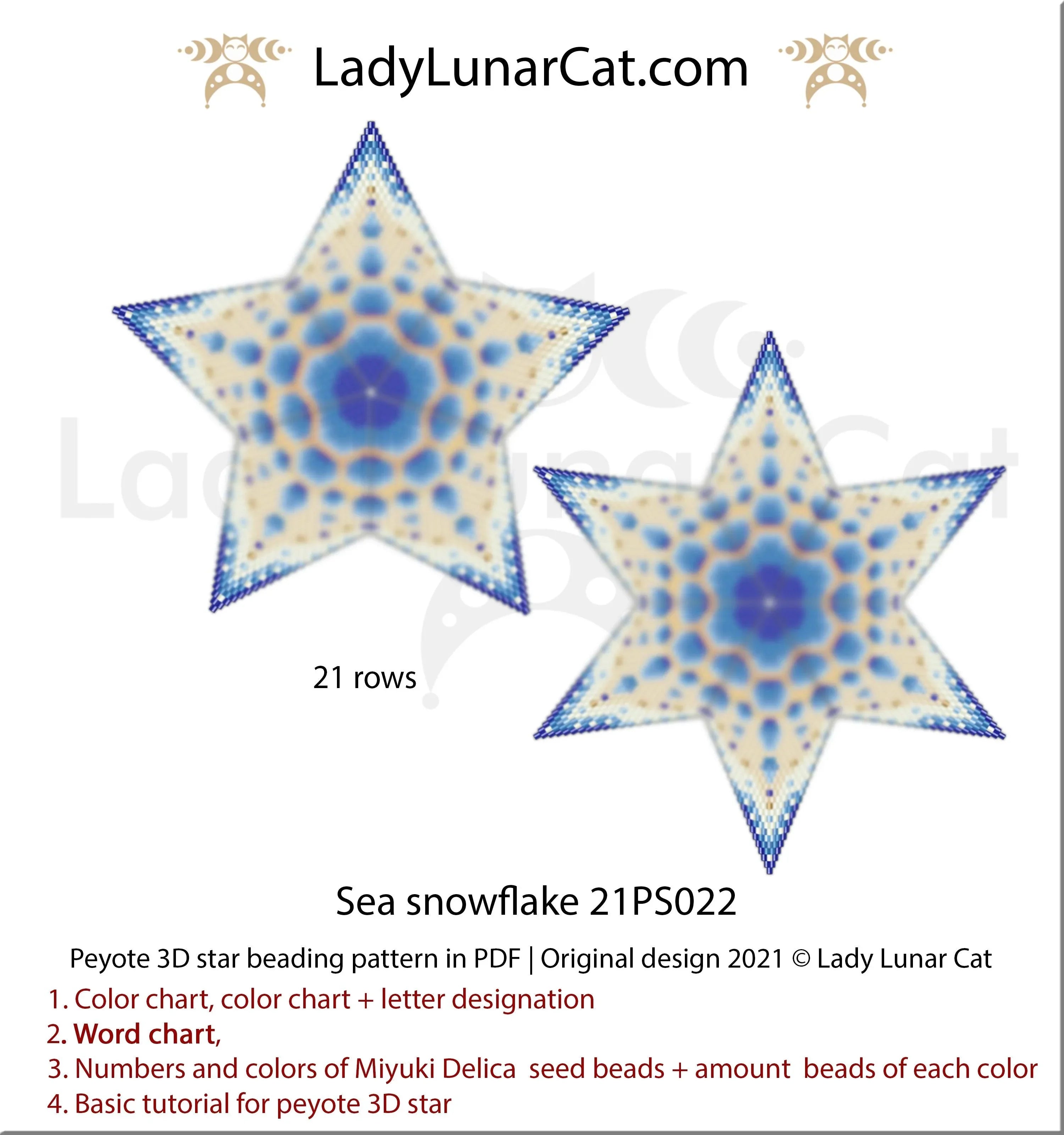 Sea snowflake peyote star — 9 colors, 41-bead radius, winter ocean, Miyuki Delica 11/0