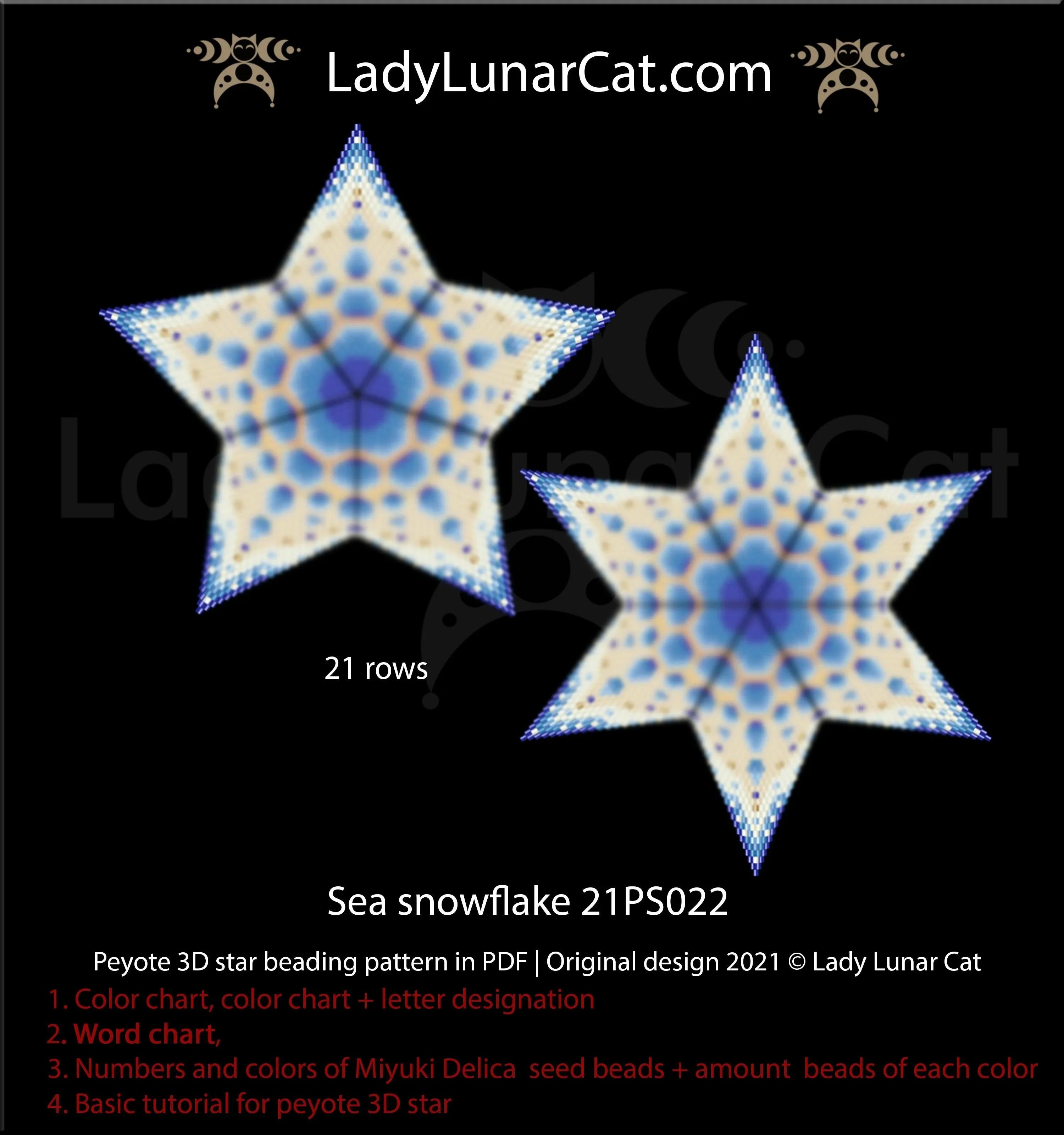 Sea snowflake peyote star pattern PDF by Lady Lunar Cat — winter ocean 21PS022