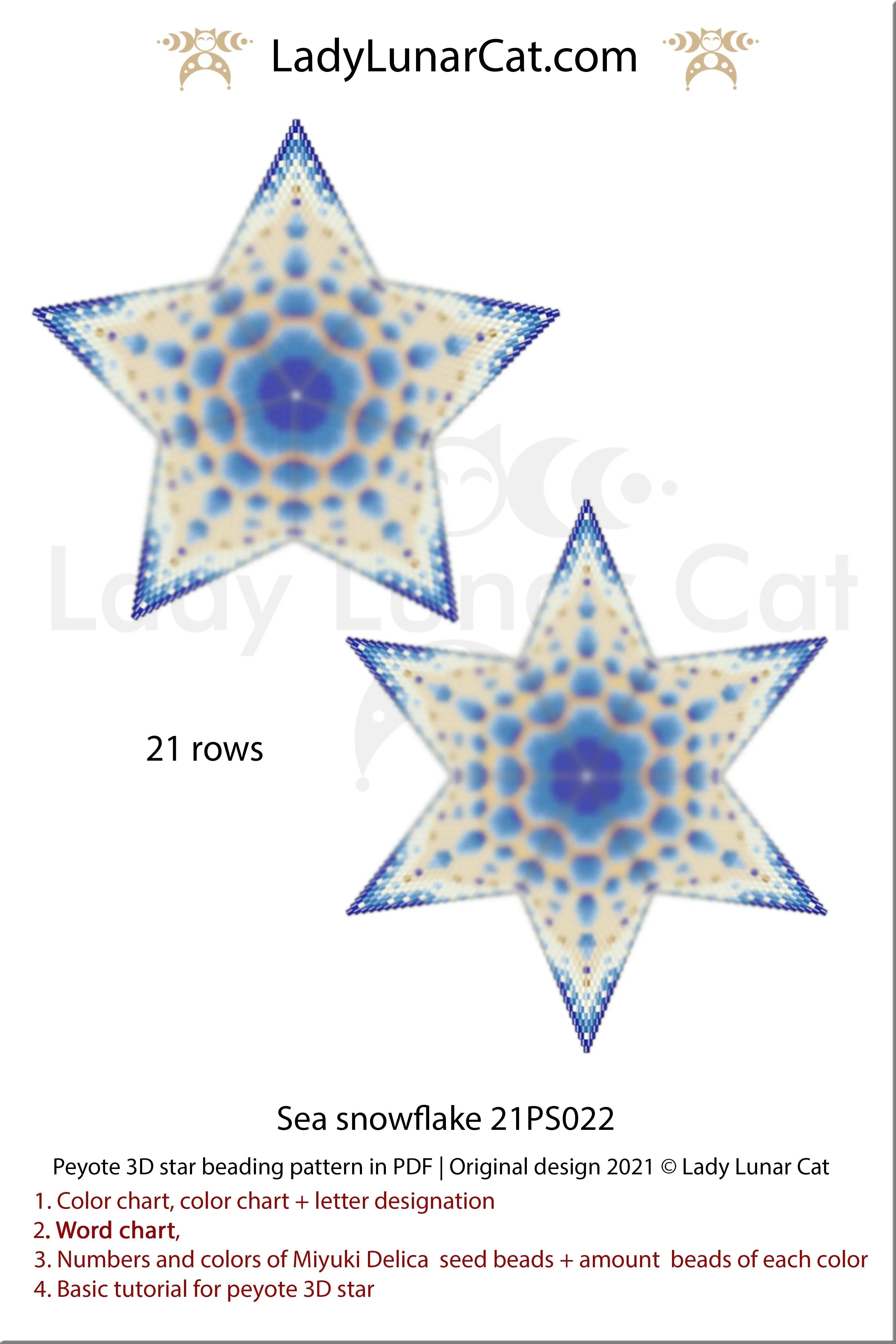 3D peyote star sea snowflake — 21 corner rows, winter Christmas decor, instant download