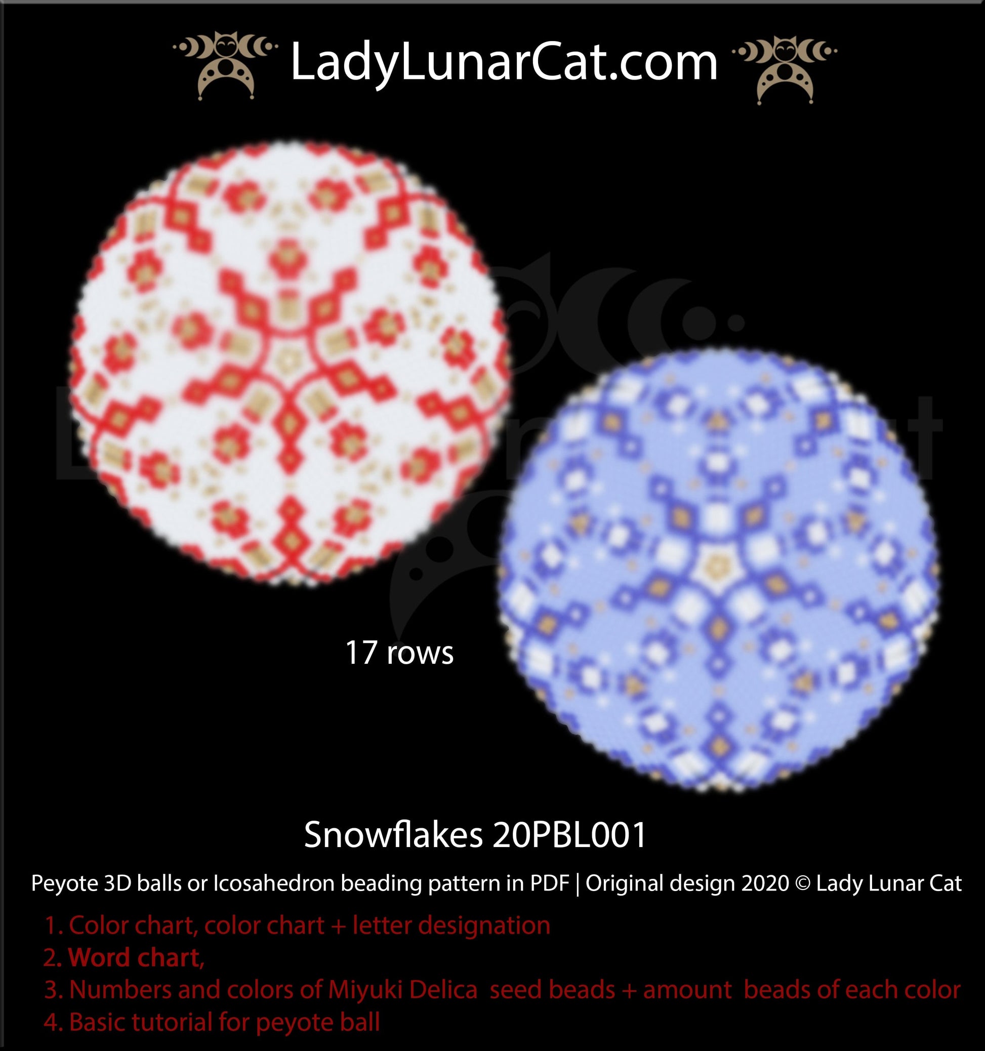Peyote 3d ball pattern for beadweaving | Beaded Icosahedron Snowflakes 20PBL001 17 rows LadyLunarCat