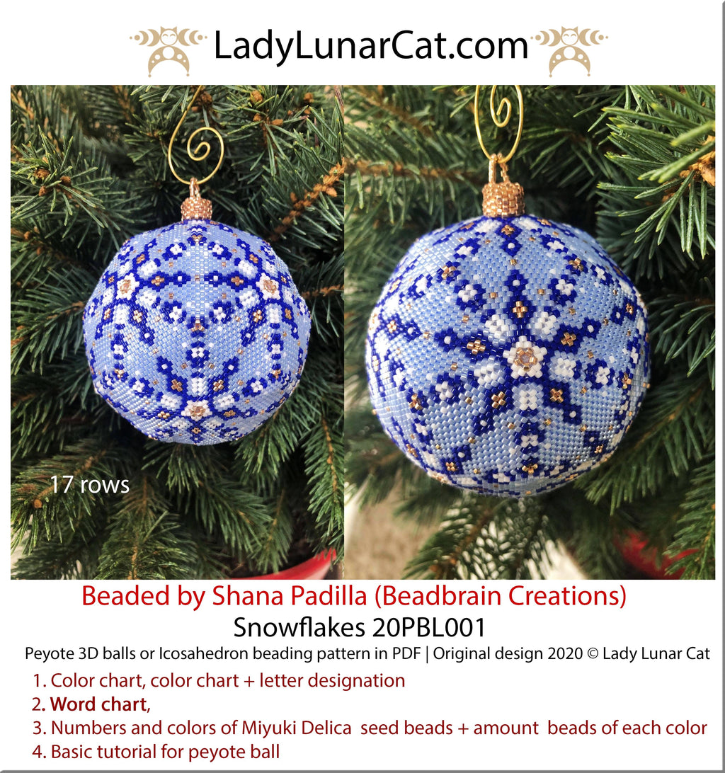 Peyote 3d ball pattern for beadweaving | Beaded Icosahedron Snowflakes 20PBL001 17 rows LadyLunarCat