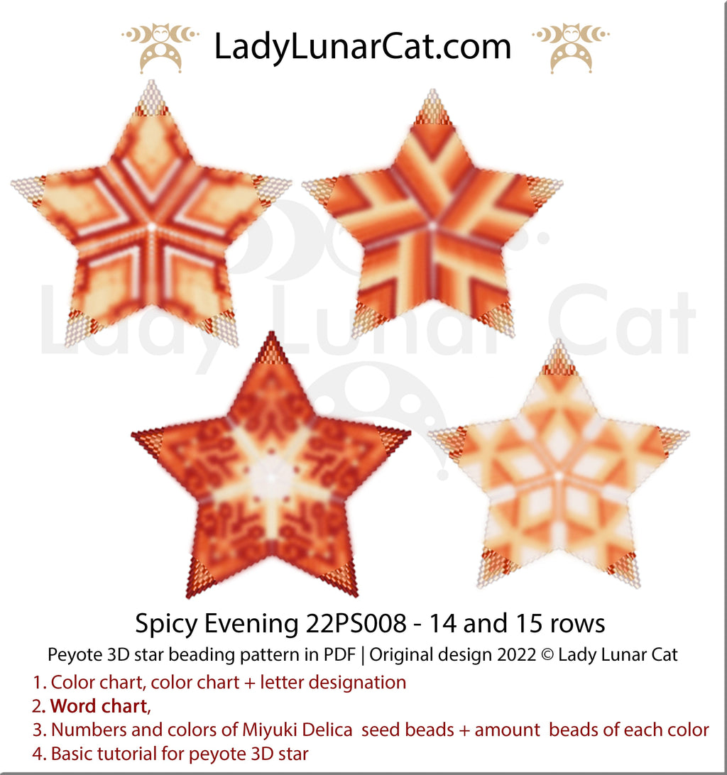 Peyote star pattern for beading, set - Spicy Evening 22PS008 14-15 rows LadyLunarCat