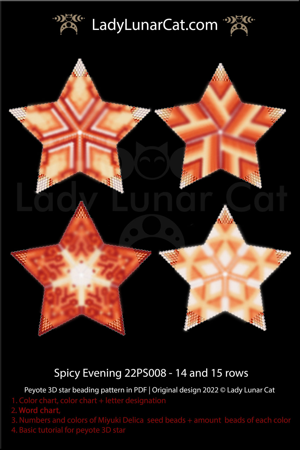Peyote star pattern for beading, set - Spicy Evening 22PS008 14-15 rows LadyLunarCat