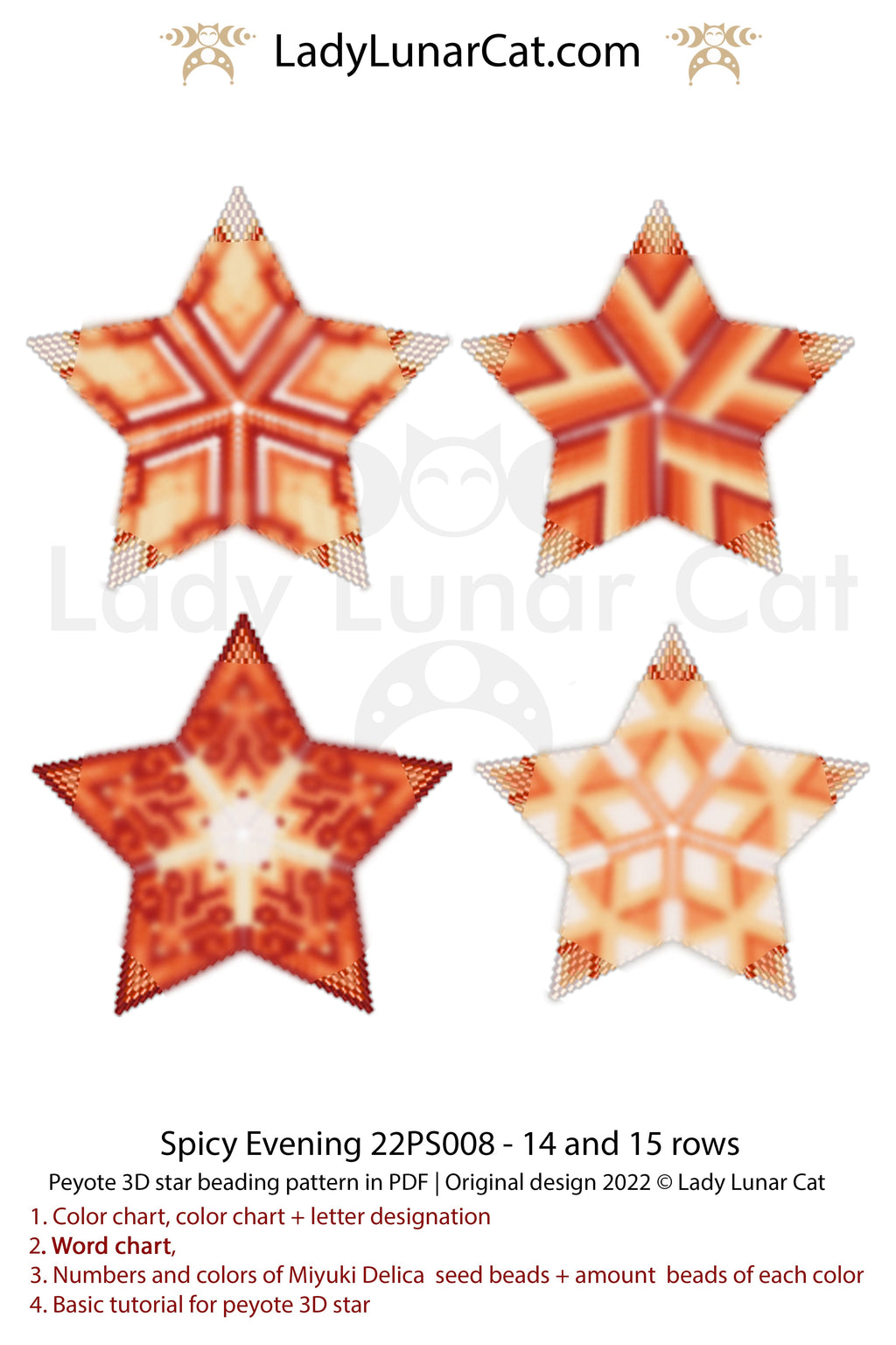 Peyote star pattern for beading, set - Spicy Evening 22PS008 14-15 rows LadyLunarCat
