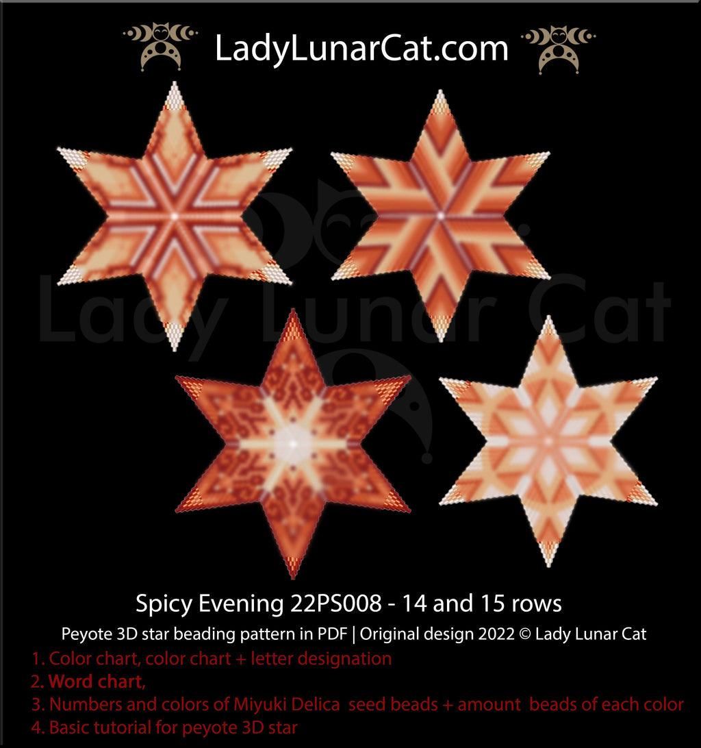 Peyote star pattern for beading, set - Spicy Evening 22PS008 14-15 rows LadyLunarCat