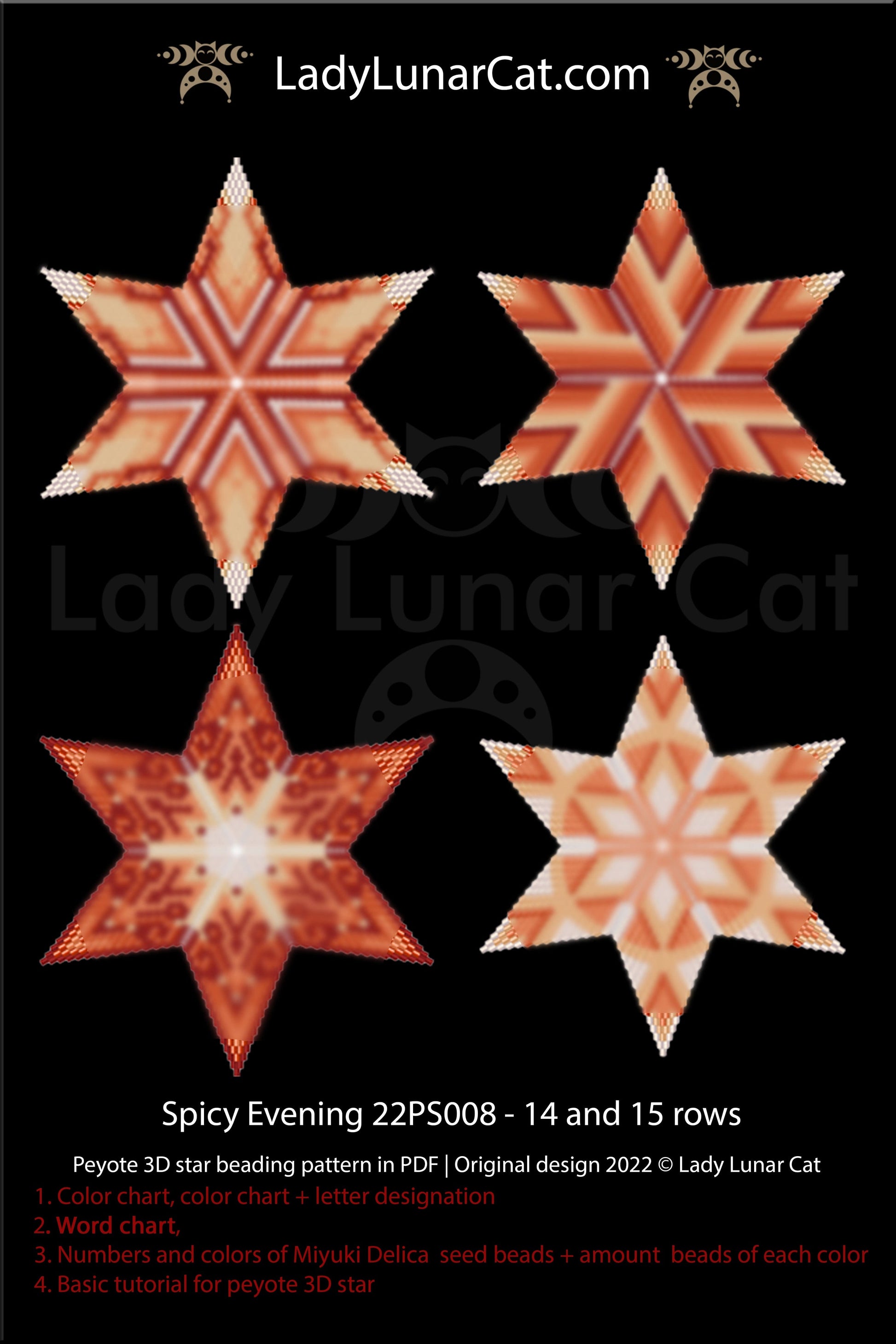 Peyote star pattern for beading, set - Spicy Evening 22PS008 14-15 rows LadyLunarCat