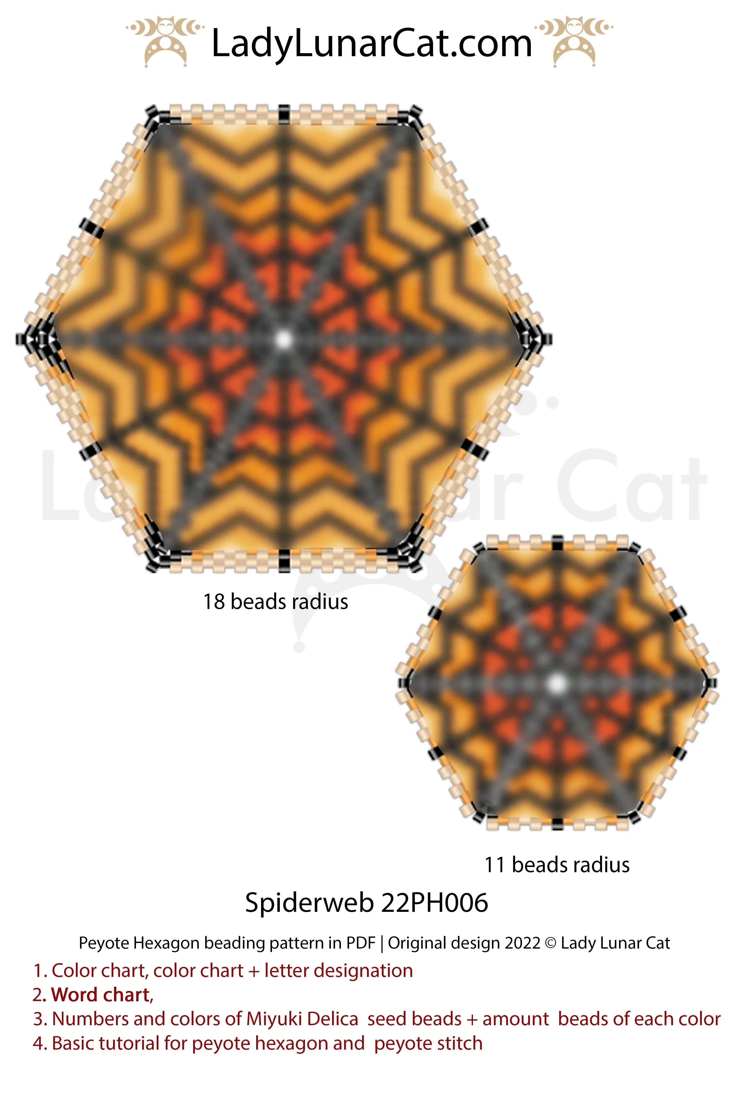 Peyote hexagon spiderweb — large 18-bead & small 11-bead, autumn pumpkin, instant download