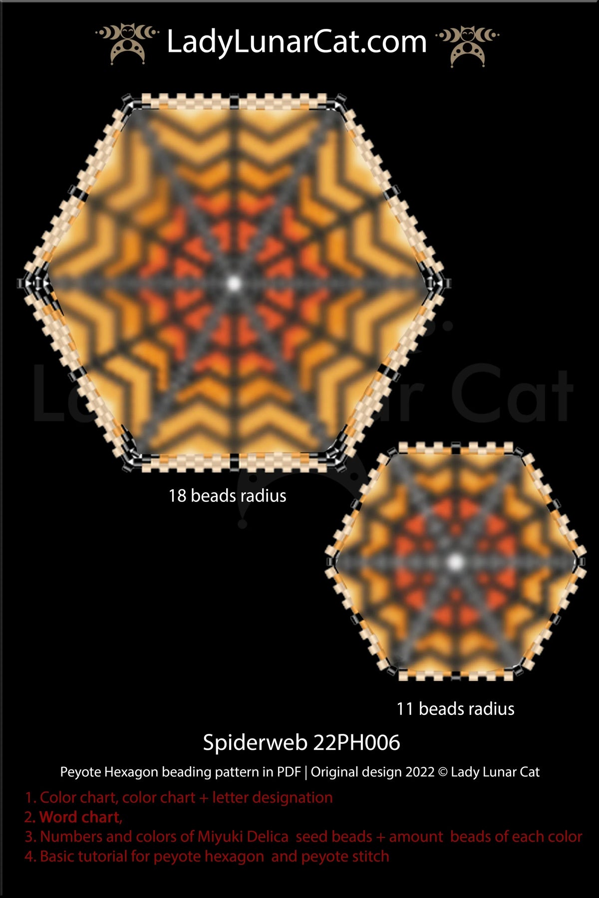 Lady Lunar Cat spiderweb peyote hexagon — Halloween autumn beading PDF 22PH006