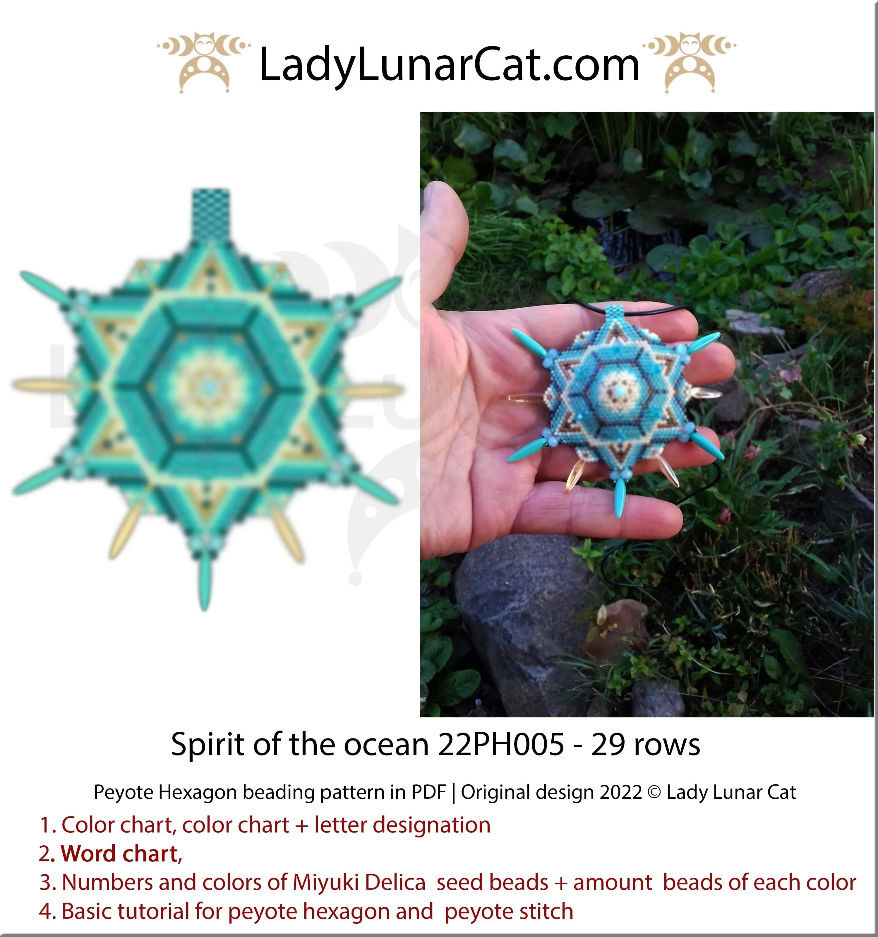 Ocean spirit peyote hexagon — 6 colors, 15-bead radius, mint teal, Miyuki Delica 11/0