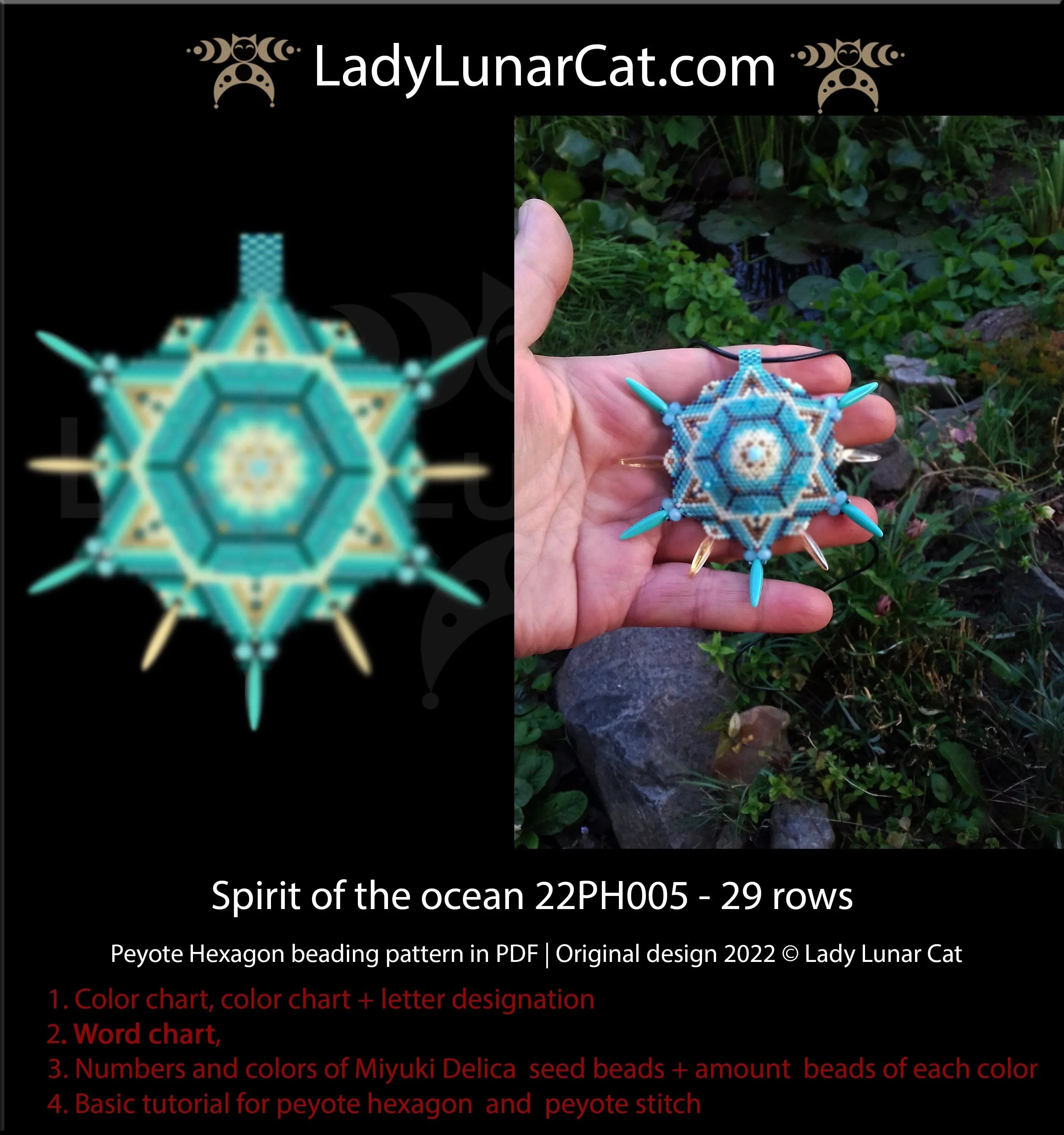 Spirit of the ocean peyote hexagon pattern PDF by Lady Lunar Cat — mint 22PH005