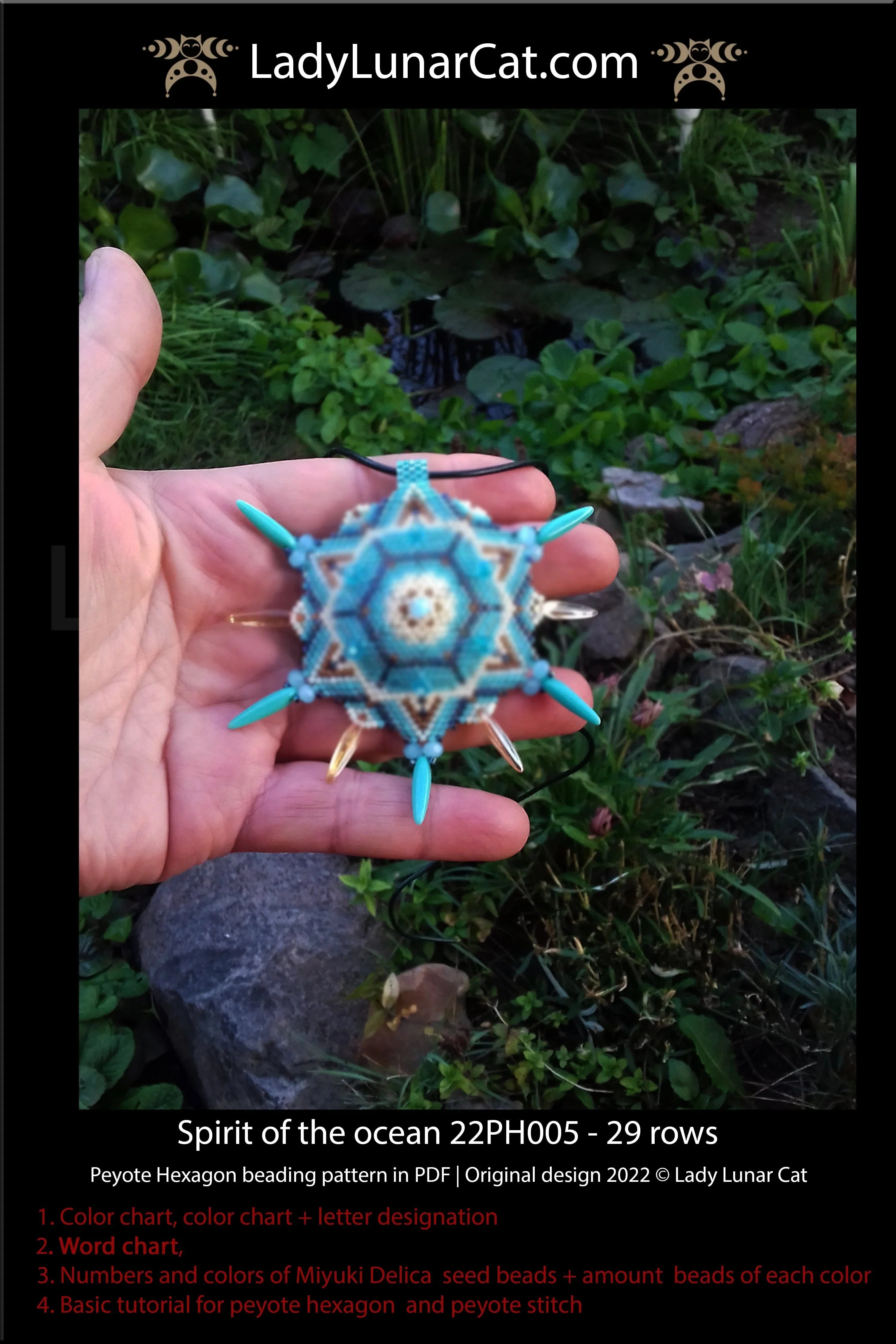 Lady Lunar Cat spirit of the ocean peyote hexagon — mint beading PDF 22PH005