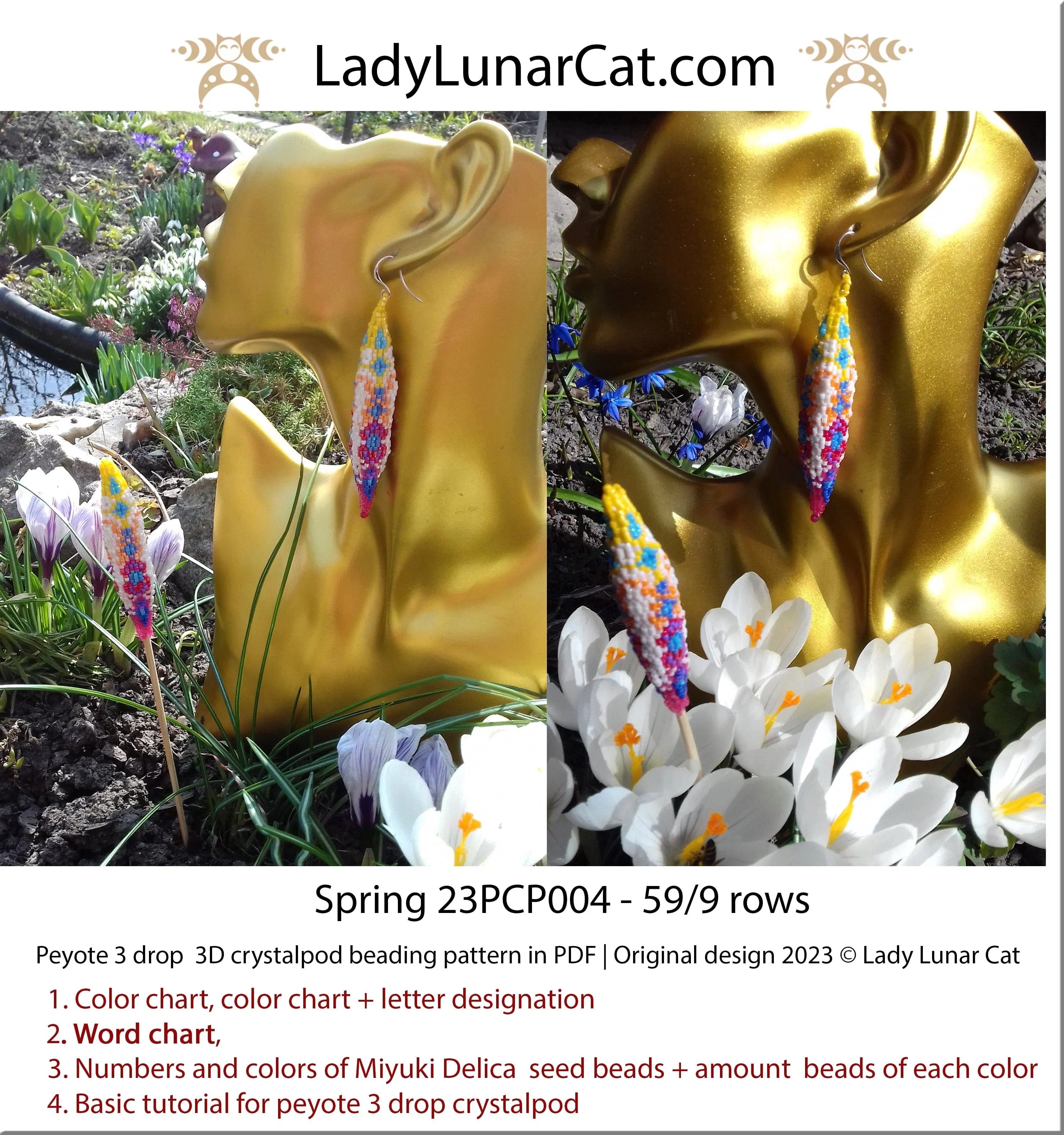 Spring crystalpod earrings - colorful peyote 3 drop pod 9 colors Miyuki Delica LadyLunarCat